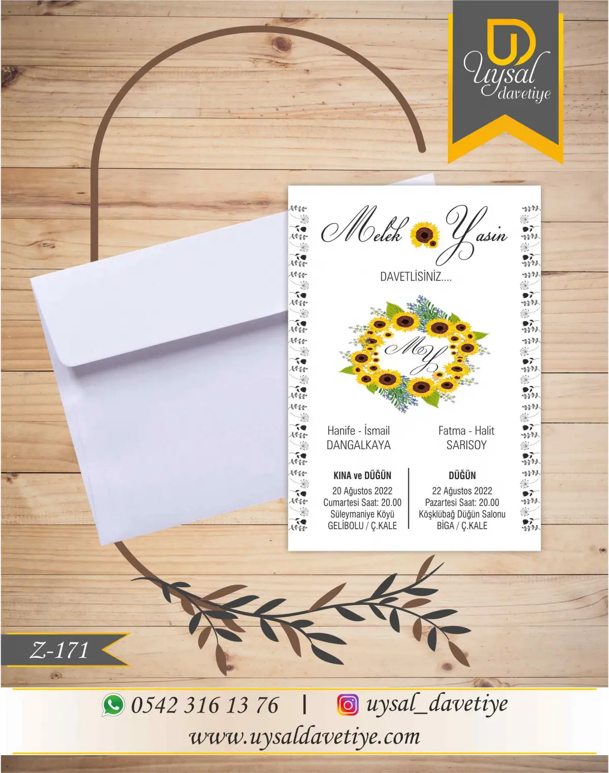 Z-171 Ayçiçeği Desenli Ekonomik Düğün Davetiyesi