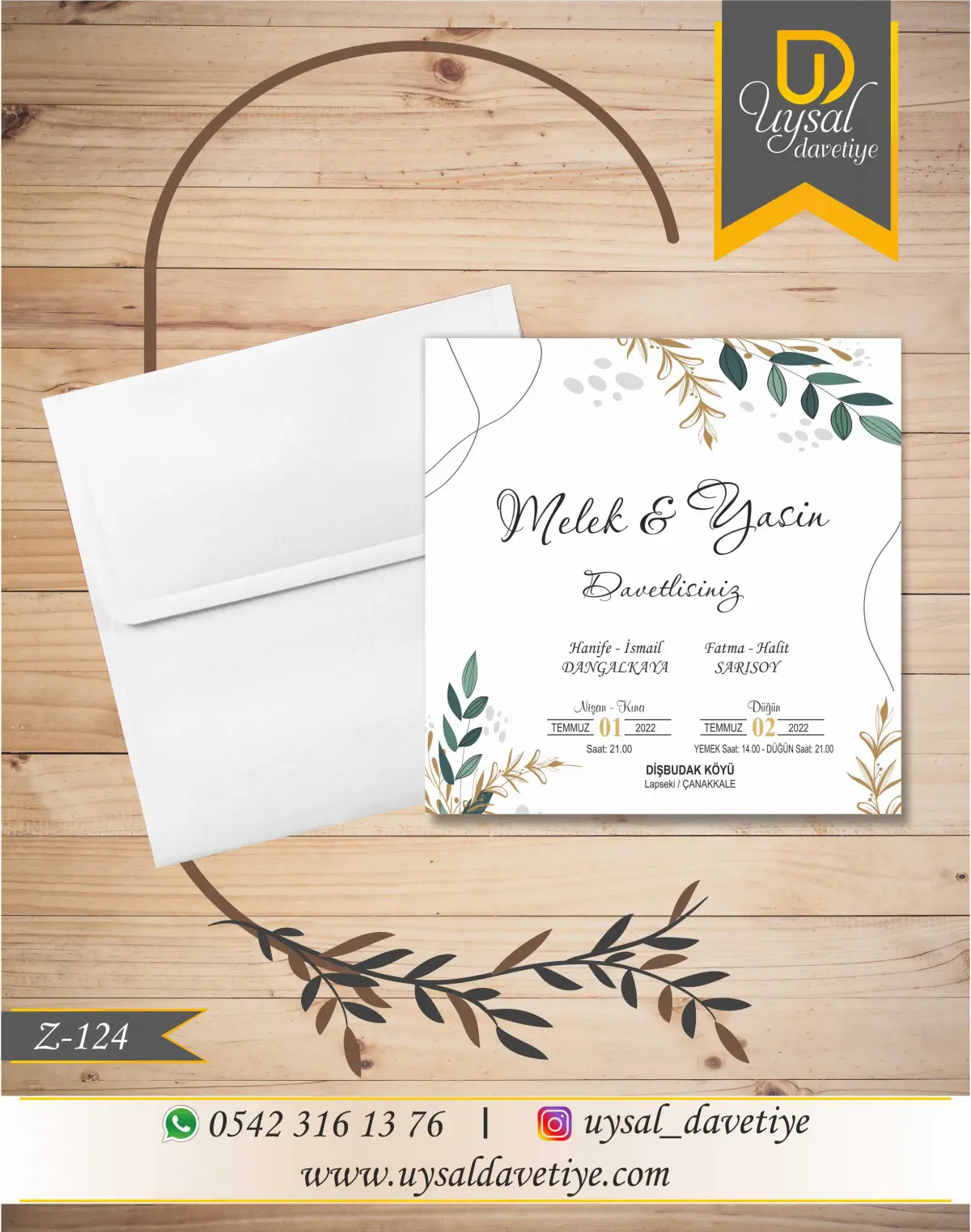 Z-124 Yapraklı Kare Ekonomik Düğün Davetiyesi