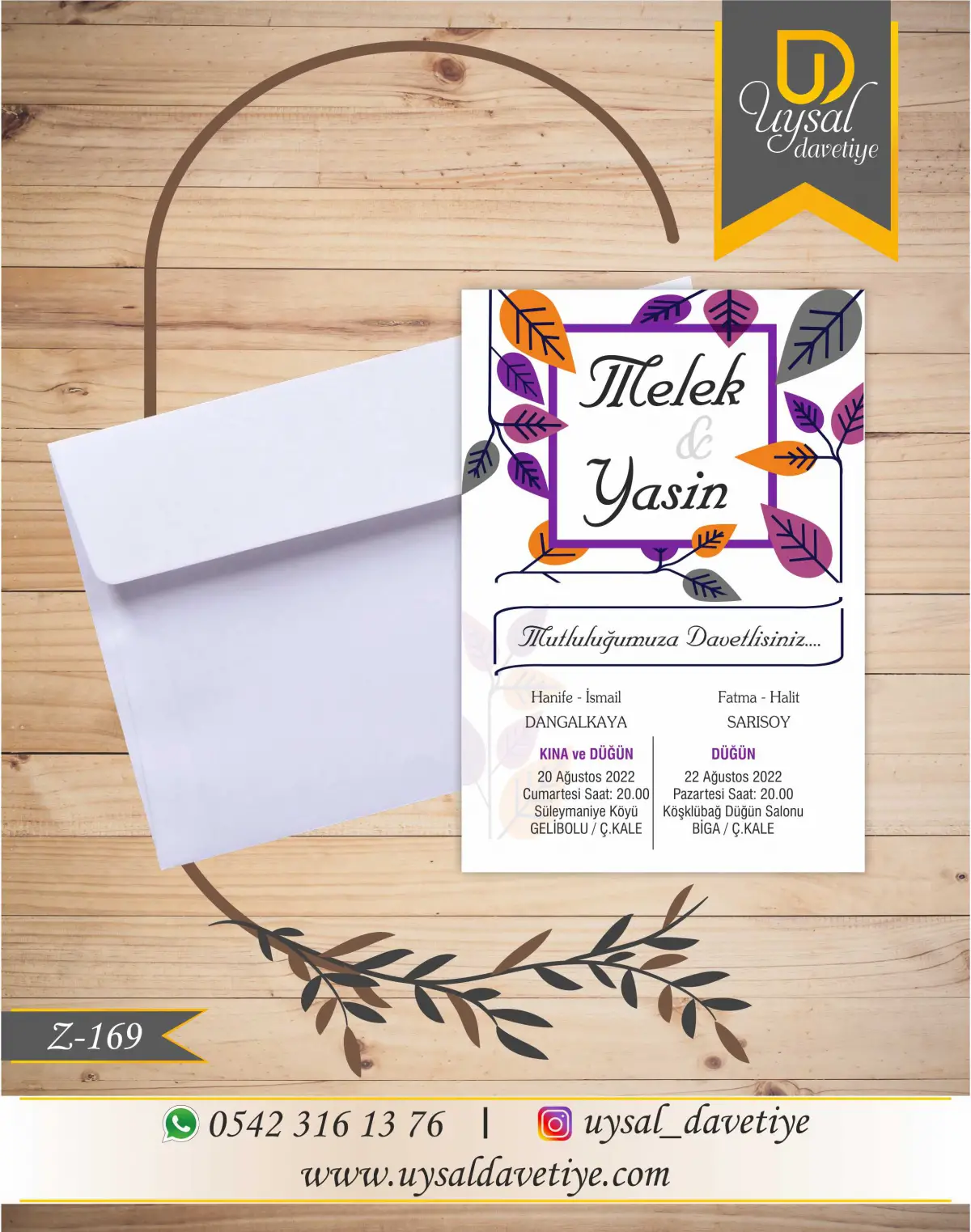 Z-169 Mor Yapraklı Ekonomik Düğün Davetiyesi
