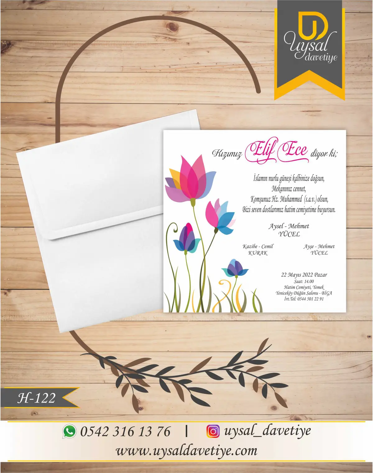 H-122 Çiçekli Kare Ekonomik Hatim Davetiyesi