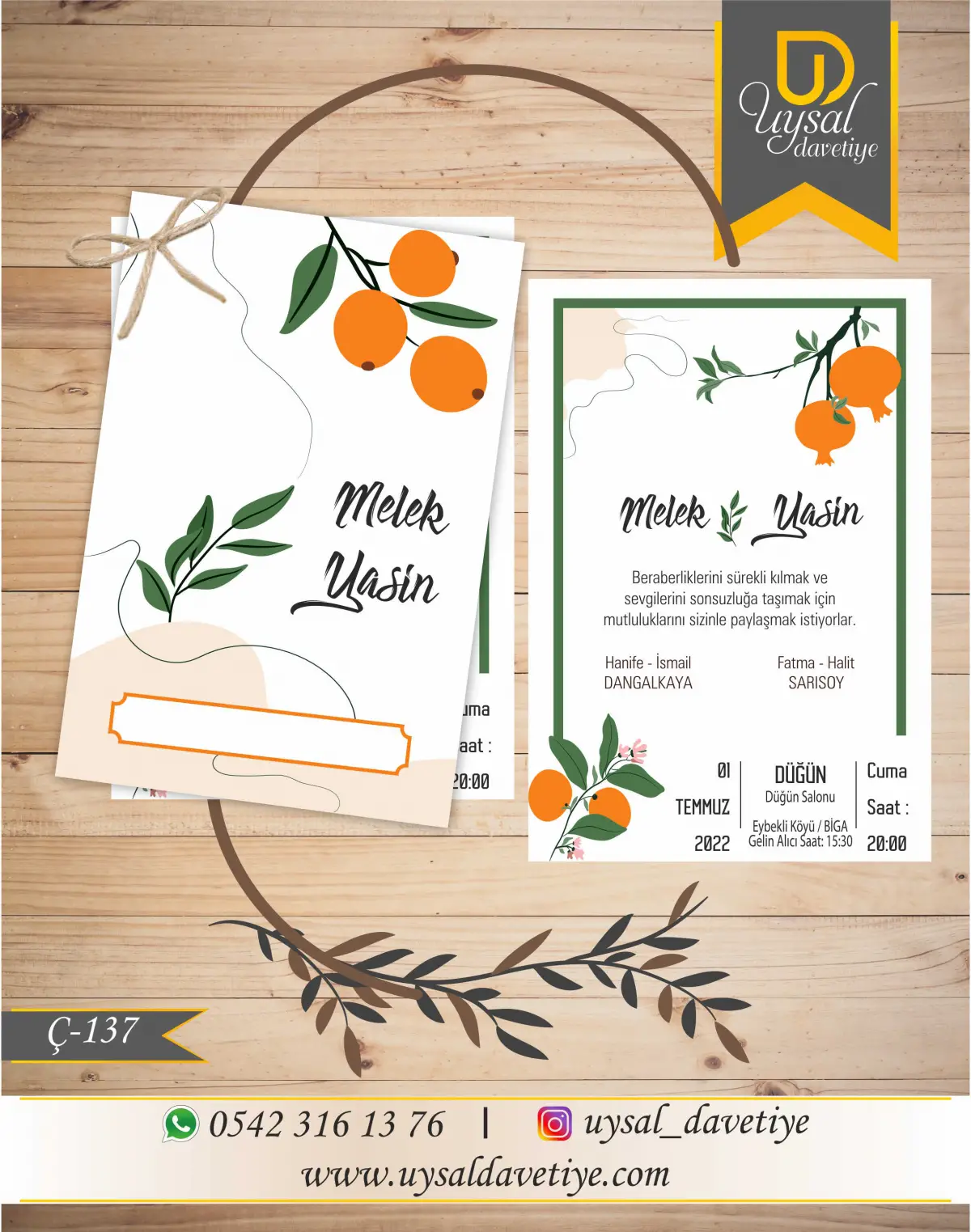 Ç-137 Çiçekli Çiftli/İpli Ekonomik Düğün Davetiyesi