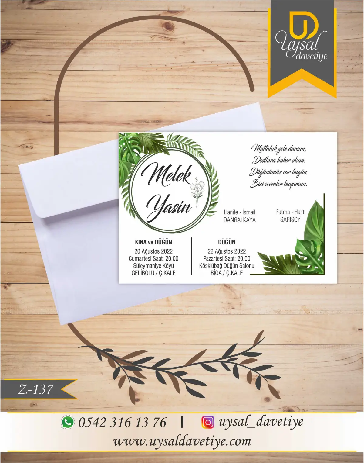 Z-137 Yeşil Yapraklı Ekonomik Düğün Davetiyesi