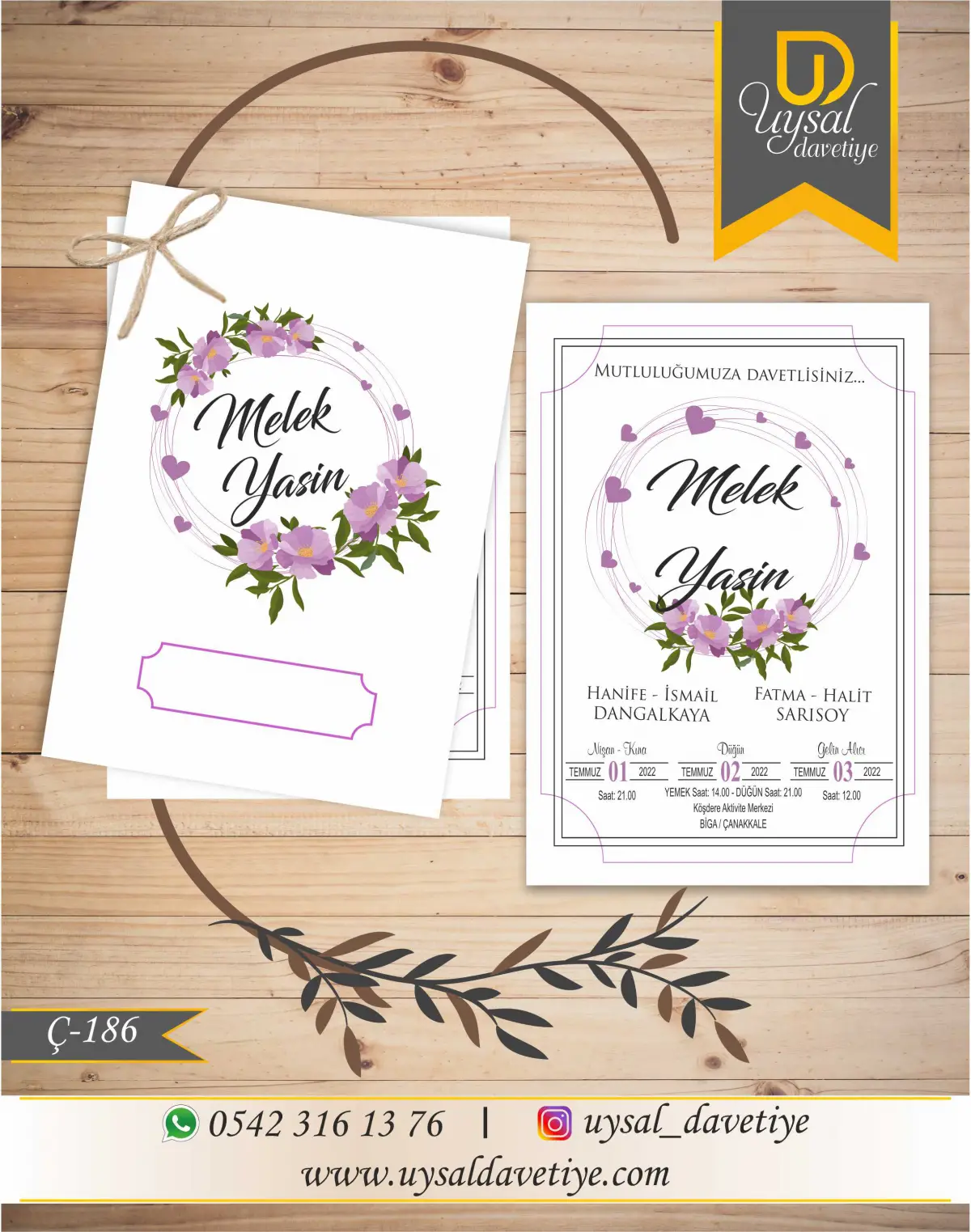 Ç-186 Lila Renkli Çiçekli Çiftli/İpli Ekonomik Düğün Davetiyesi