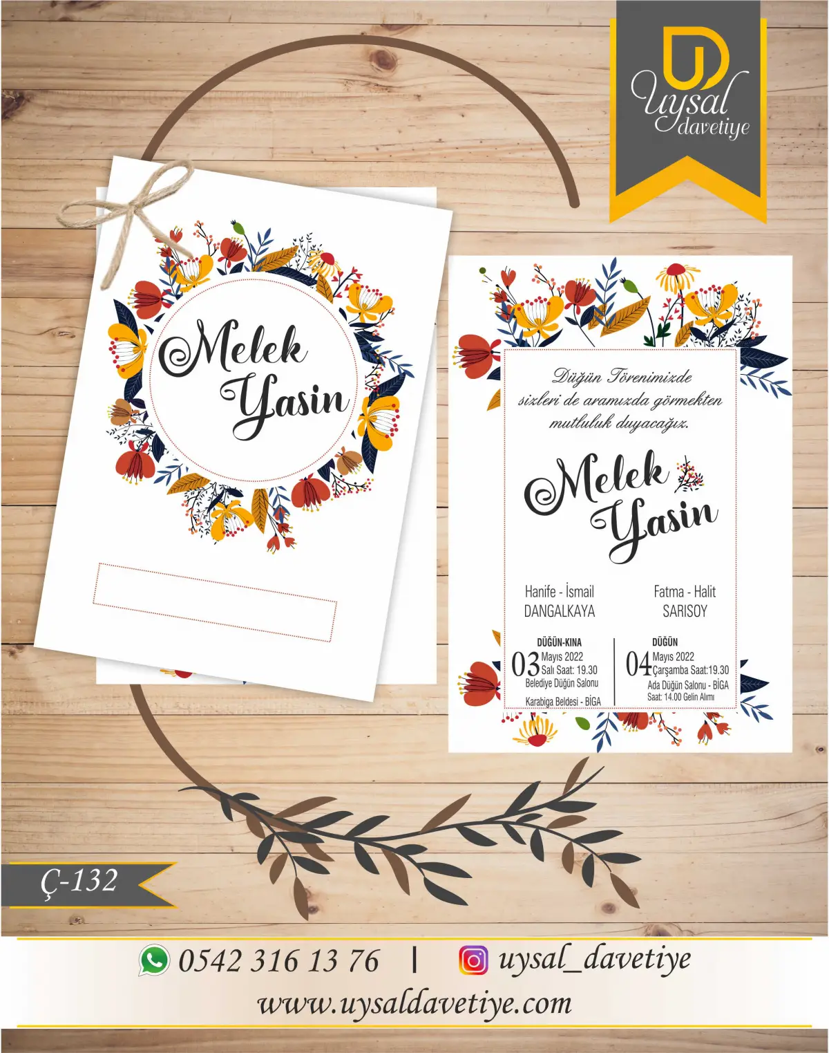 Ç-132 Çiçekli Çiftli/İpli Ekonomik Düğün Davetiyesi