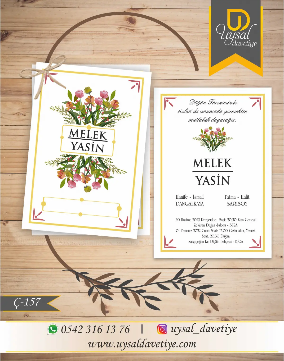 Ç-157 Çiçekli Çiftli/İpli Ekonomik Düğün Davetiyesi
