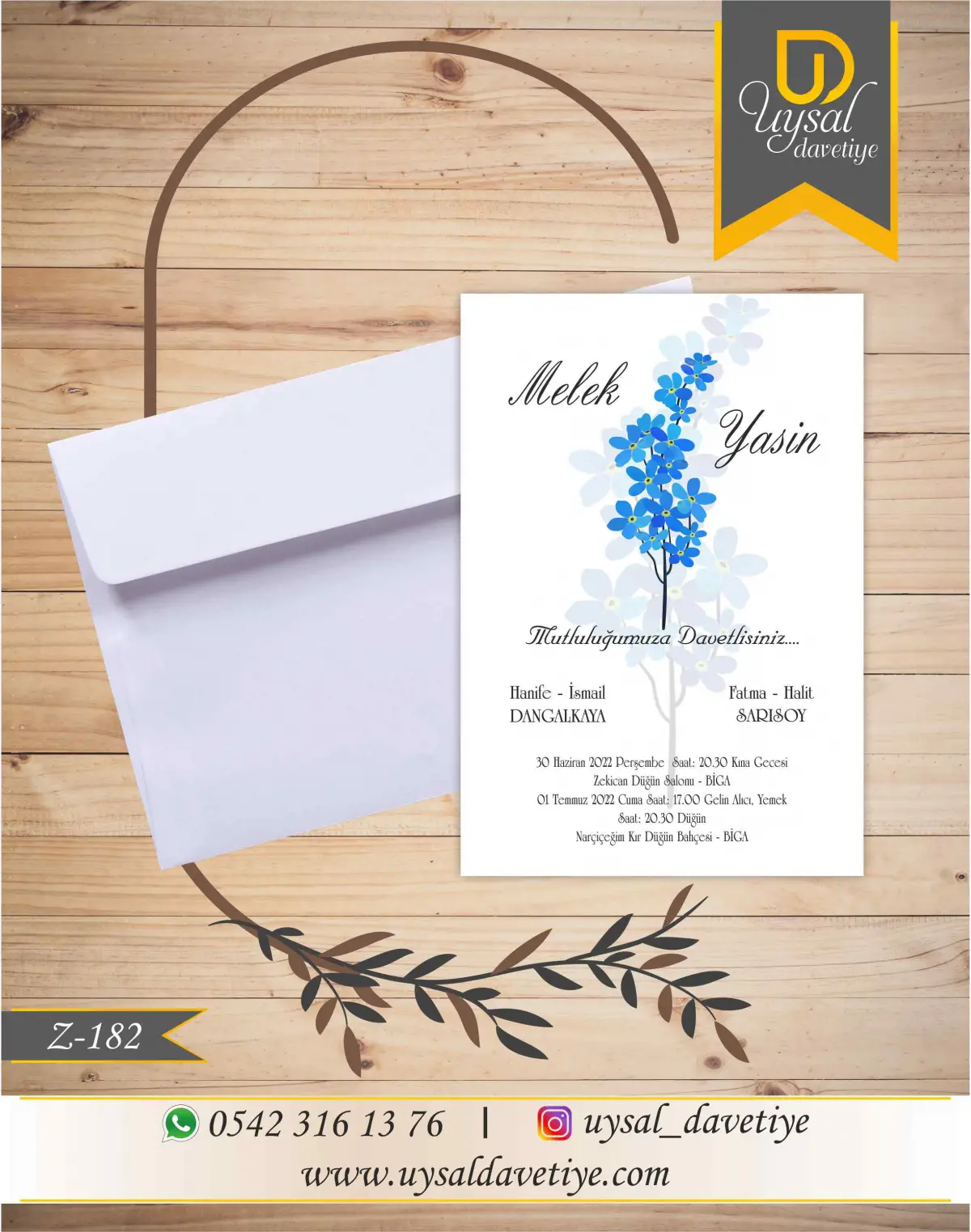 Z-182 Mavi Çiçekli Ekonomik Düğün Davetiyesi
