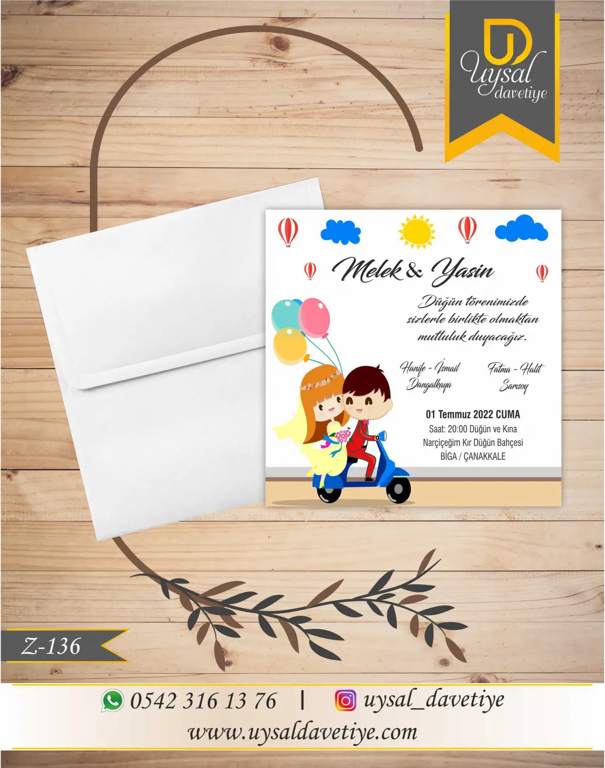Z-136 Gelin&Damat Balonlu Kare Ekonomik Düğün Davetiyesi