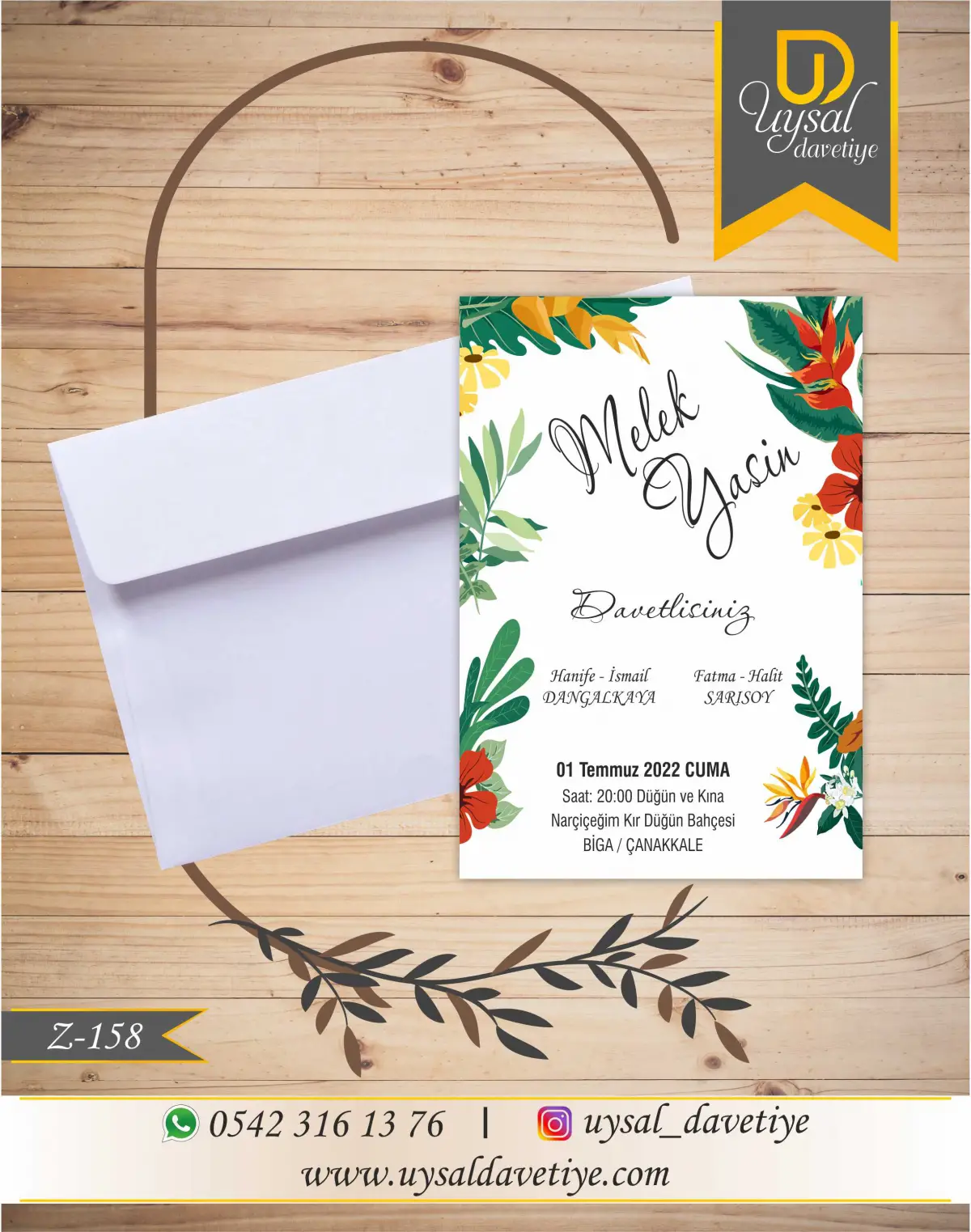 Z-158 Renkli Çiçek Çerçeveli Ekonomik Düğün Davetiyesi
