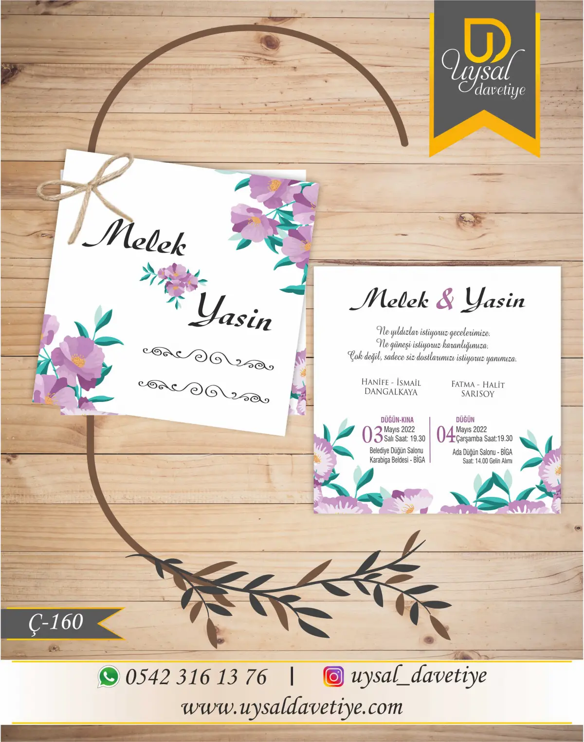 Ç-160 Lila Çiçekli Kare Çiftli/İpli Ekonomik Düğün Davetiyesi