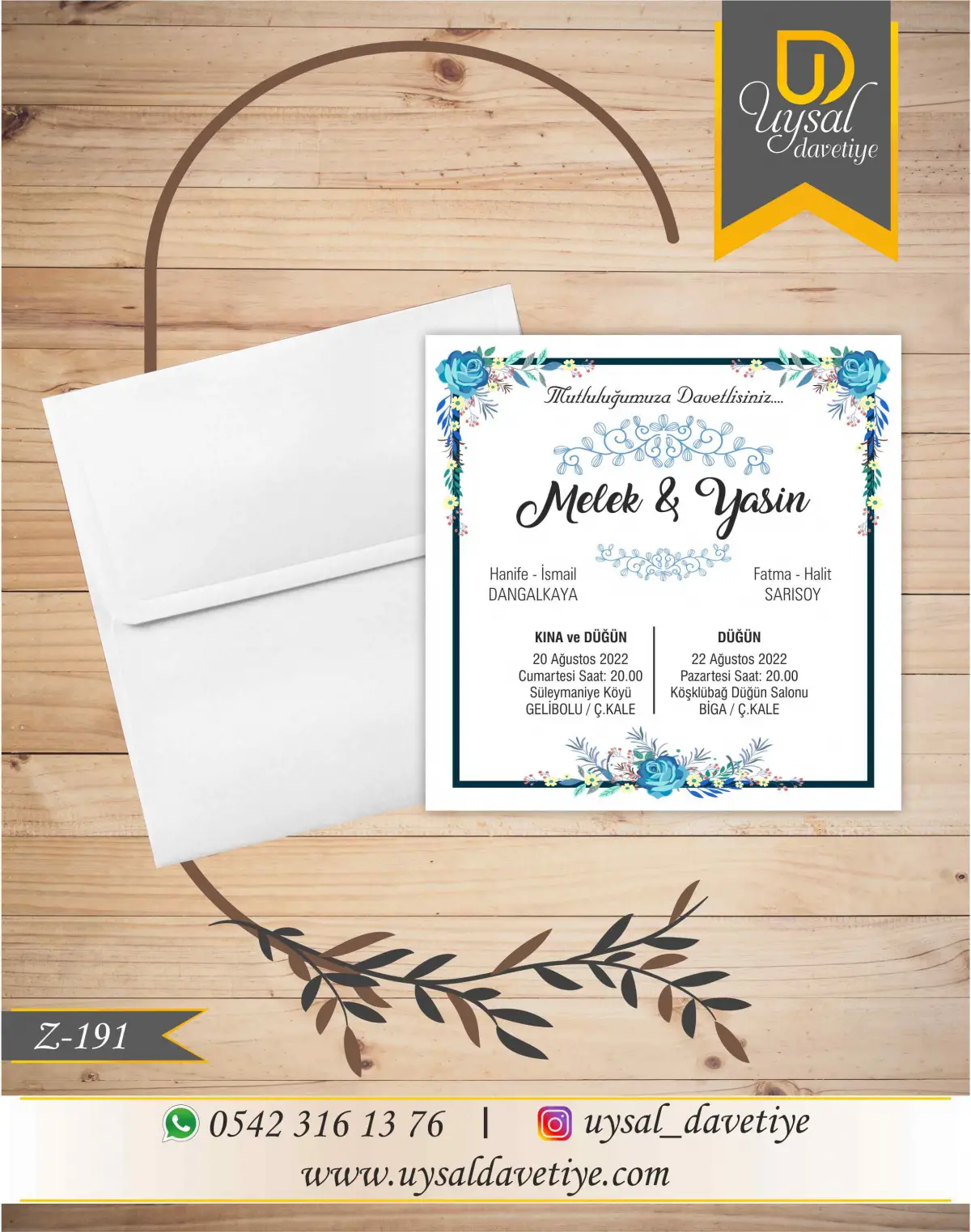 Z-191 Mavi Çerçeveli Kare Ekonomik Düğün Davetiyesi
