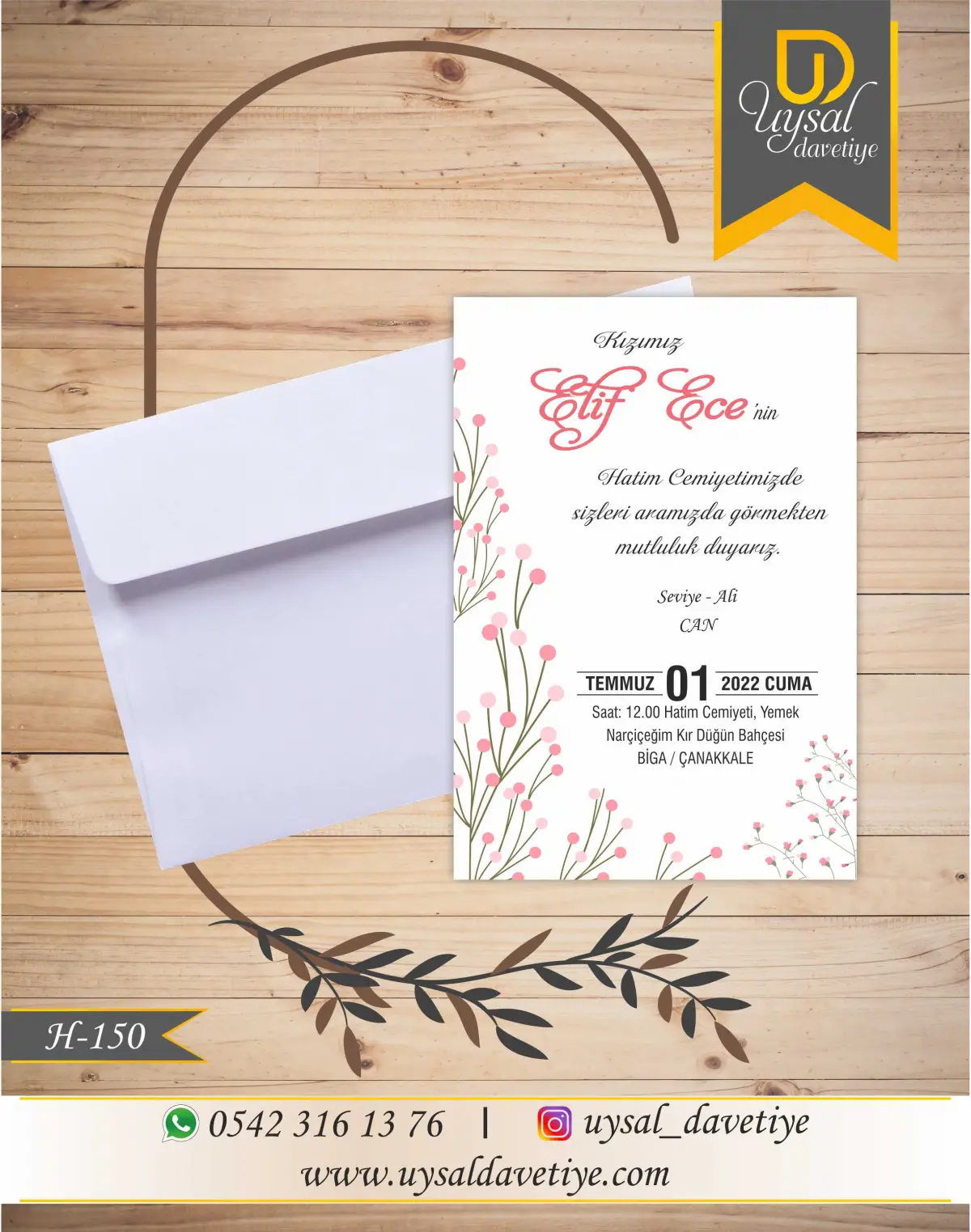 H-150 Çiçekli Ekonomik Hatim Davetiyesi