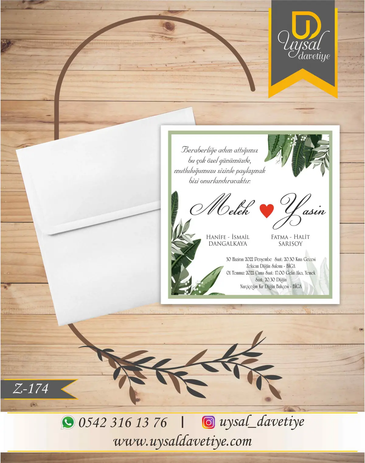 Z-174 Yeşil Yapraklı Çerçeveli Kare Ekonomik Düğün Davetiyesi