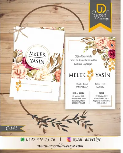 Ç-141 Çiçekli Çiftli/İpli Ekonomik Düğün Davetiyesi