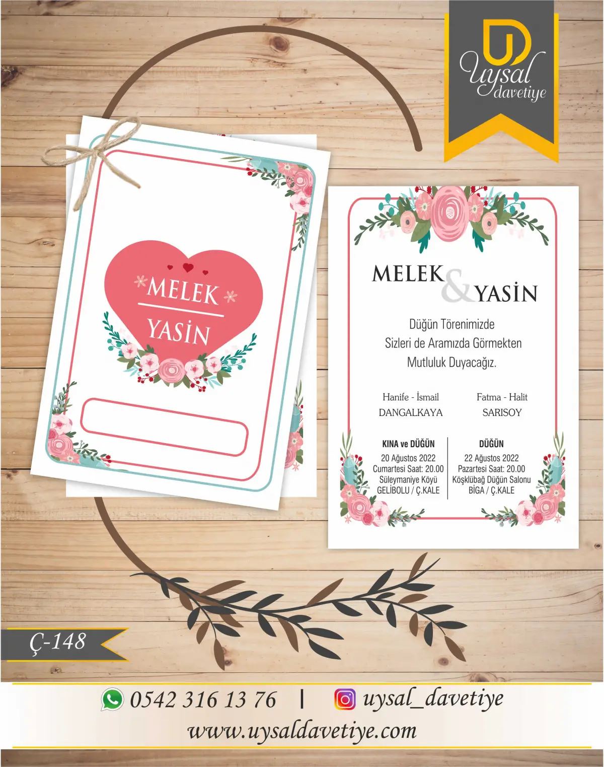 Ç-148 Kalpli&Çiçekli Çiftli/İpli Ekonomik Düğün Davetiyesi