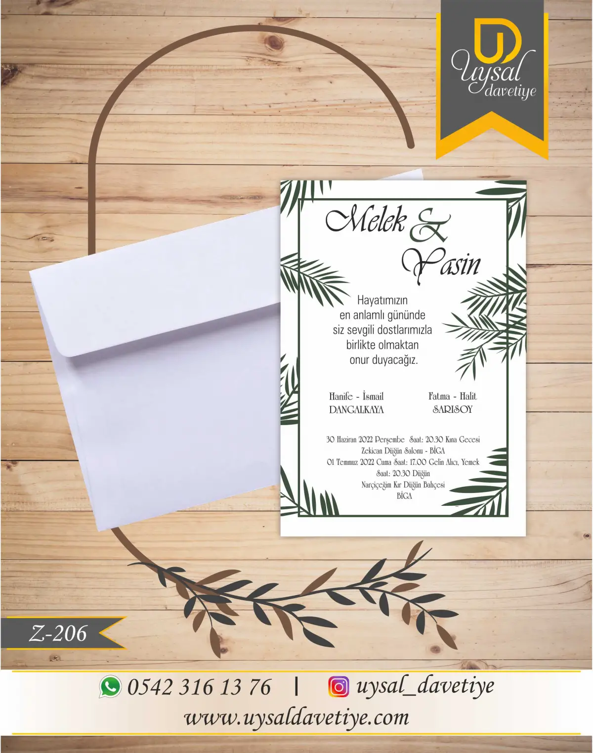 Z-206 Yeşil Yapraklı Ekonomik Düğün Davetiyesi