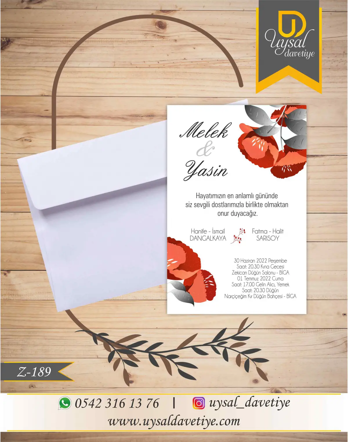 Z-189 Yapraklı Ekonomik Düğün Davetiyesi