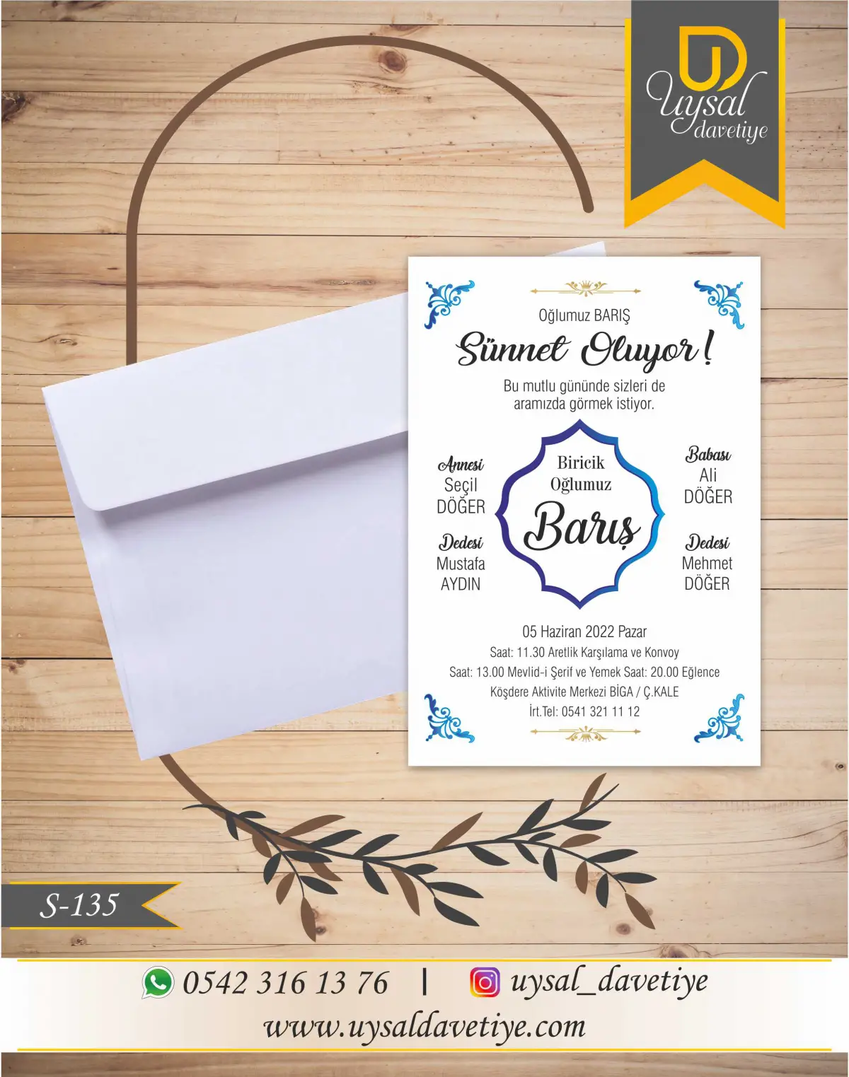 S-135 Mavi Çerçeveli Ekonomik Sünnet Davetiyesi