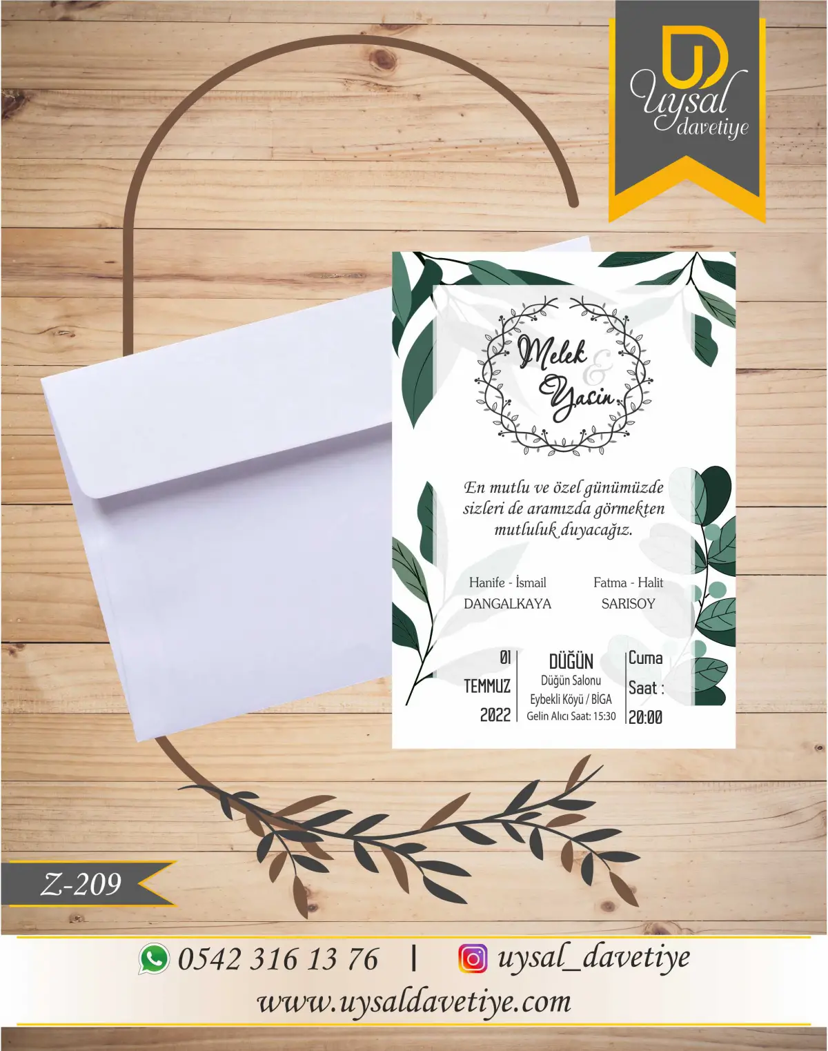 Z-209 Yeşil Yapraklı Çerçeveli Ekonomik Düğün Davetiyesi