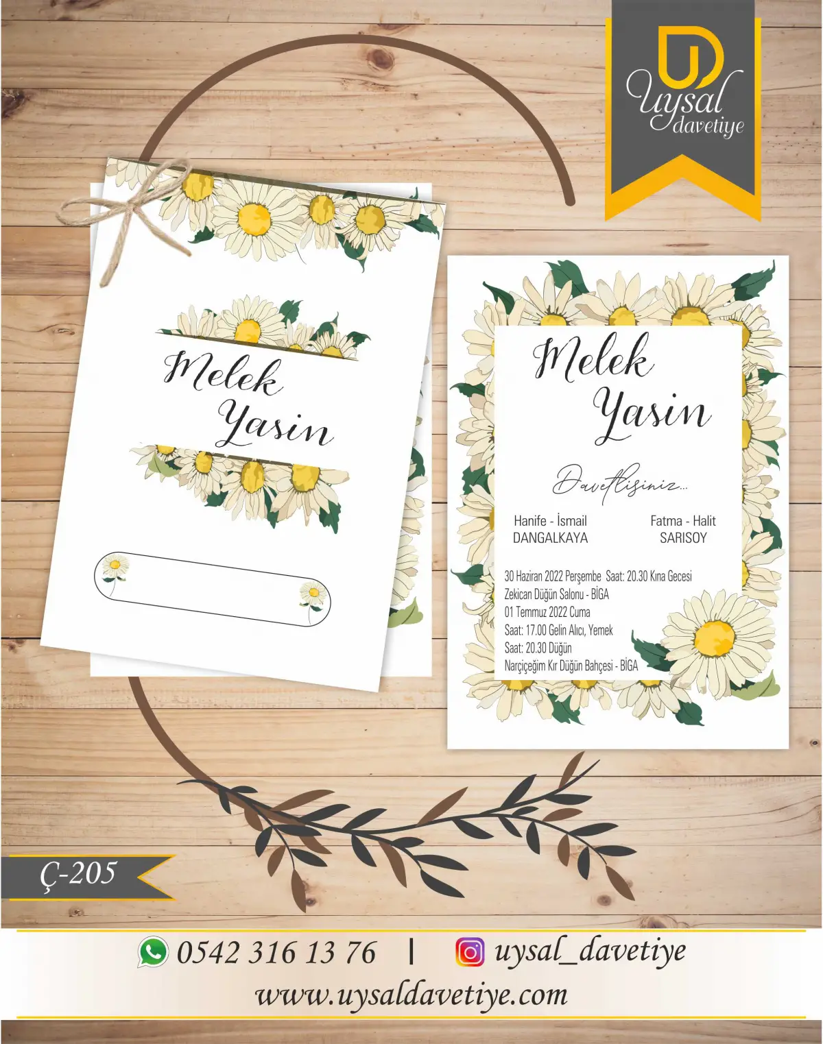 Ç-205 Papatyalı Çiftli/İpli Ekonomik Düğün Davetiyesi