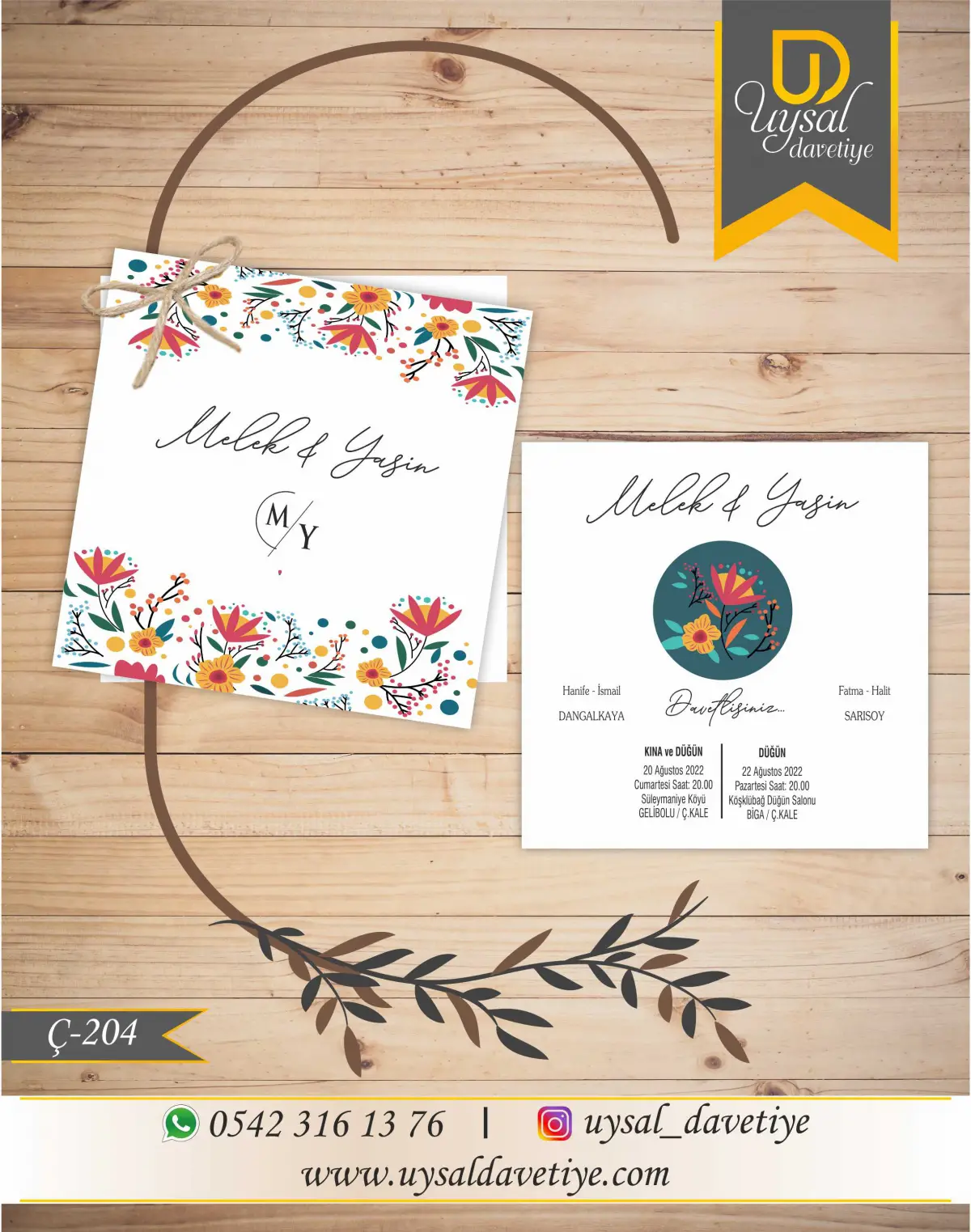 Ç-204 Çiçekli Kare Çiftli/İpli Ekonomik Düğün Davetiyesi