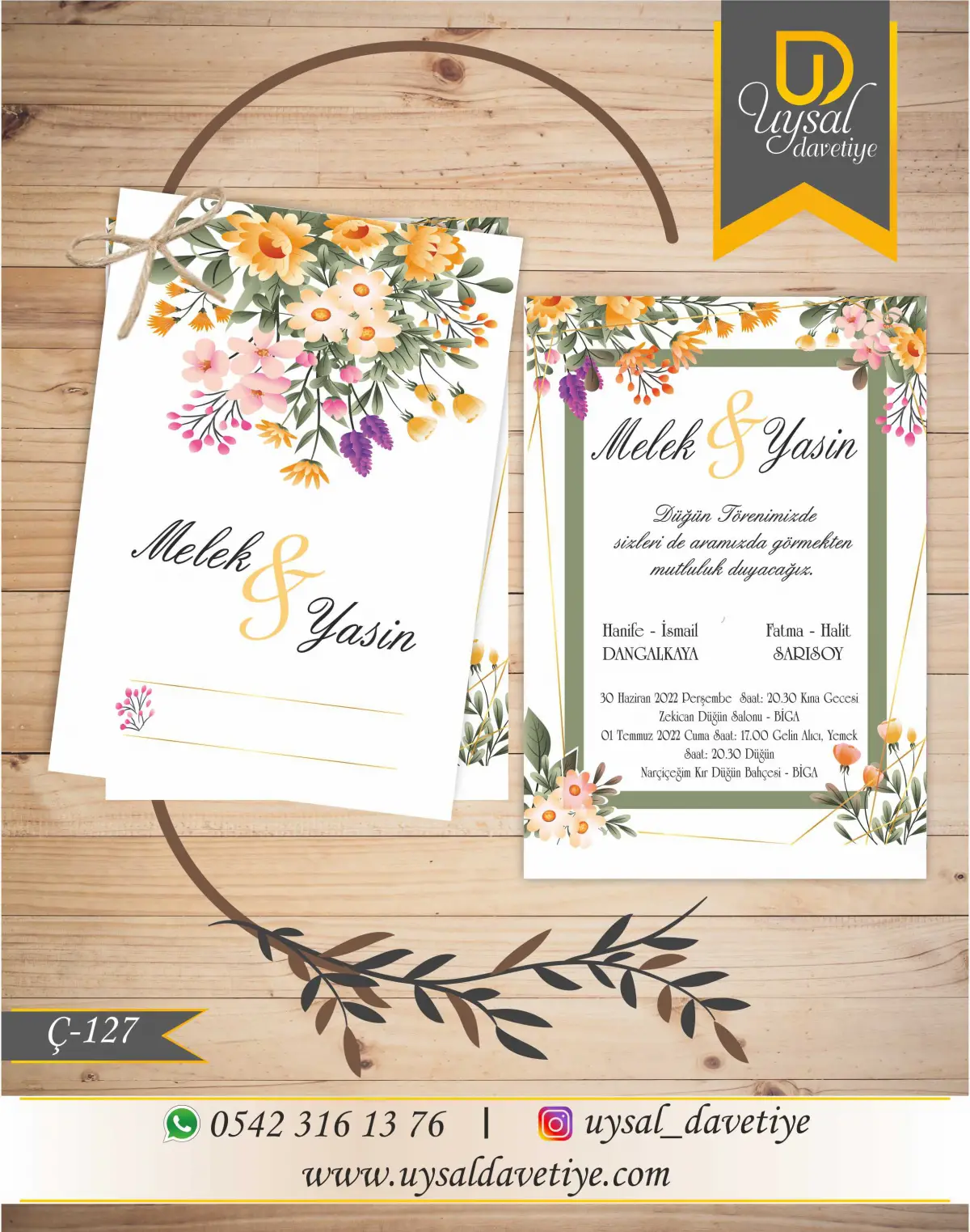 Ç-127 Çiçekli Çiftli/İpli Ekonomik Düğün Davetiyesi