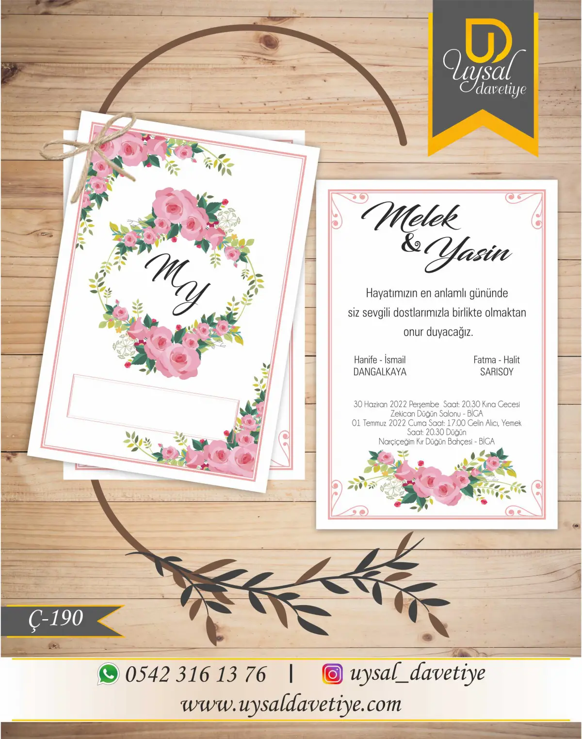 Ç-190 Güllü Çiftli/İpli Ekonomik Düğün Davetiyesi
