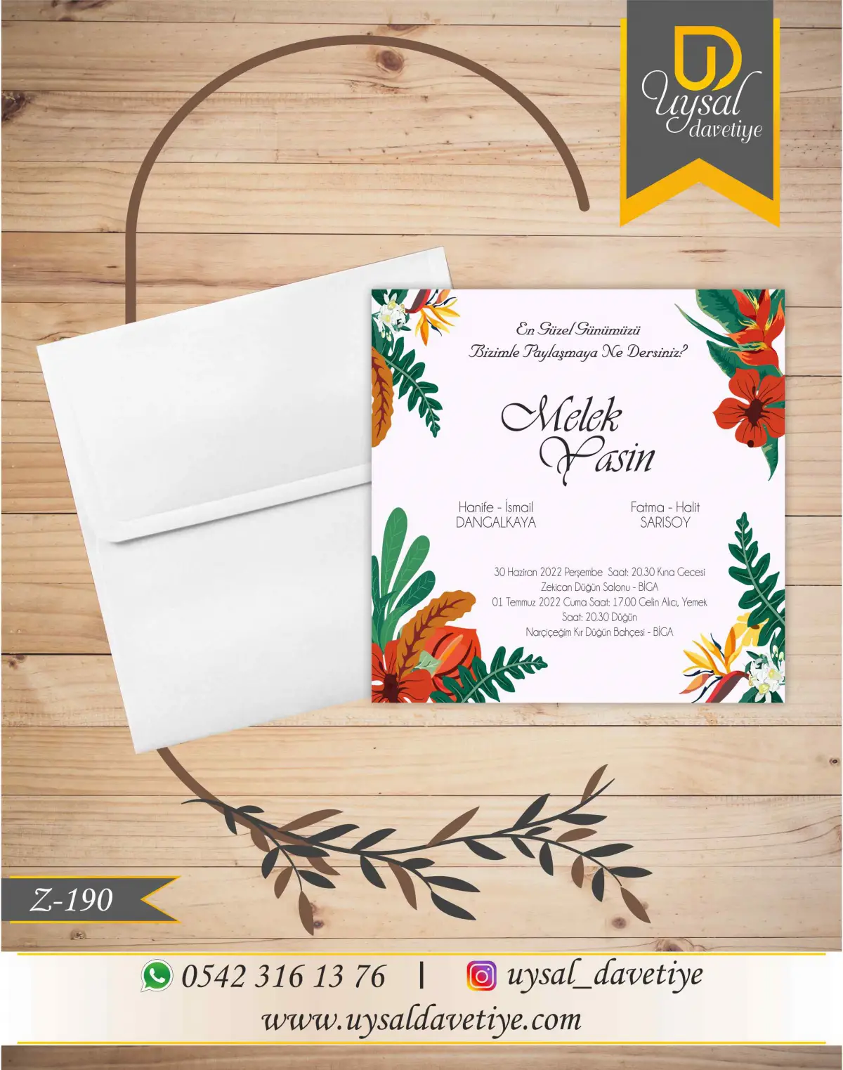 Z-190 Renkli Çiçekli  Kare Ekonomik Düğün Davetiyesi