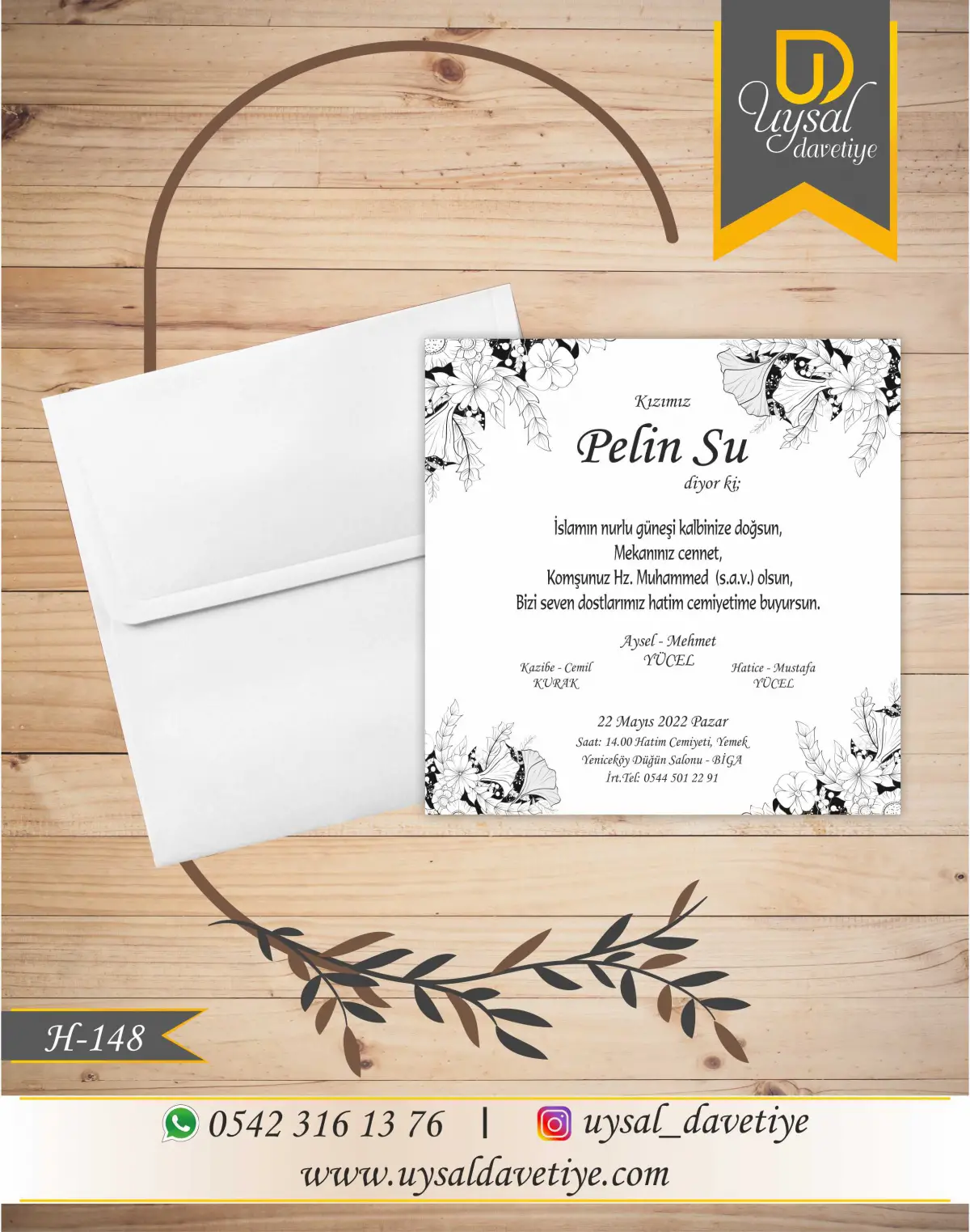 H-148 Çiçek Çerçeveli Kare Ekonomik Hatim Davetiyesi