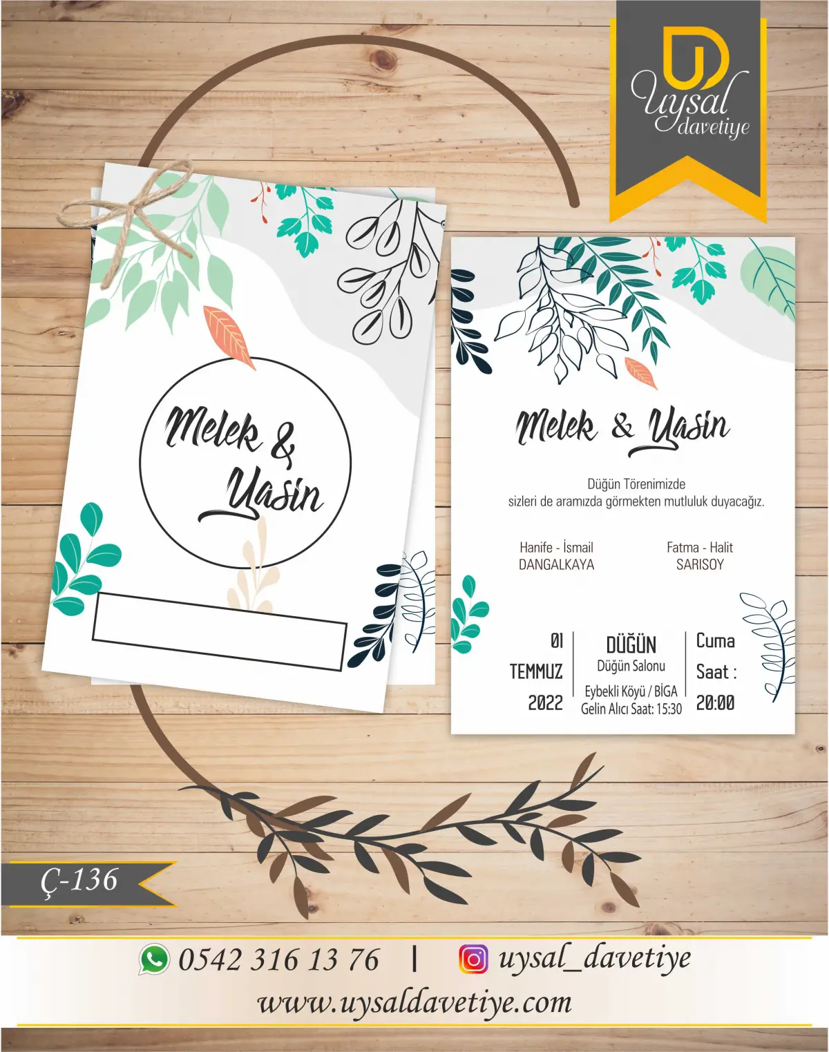 Ç-136 Yapraklı Çiftli/İpli Ekonomik Düğün Davetiyesi