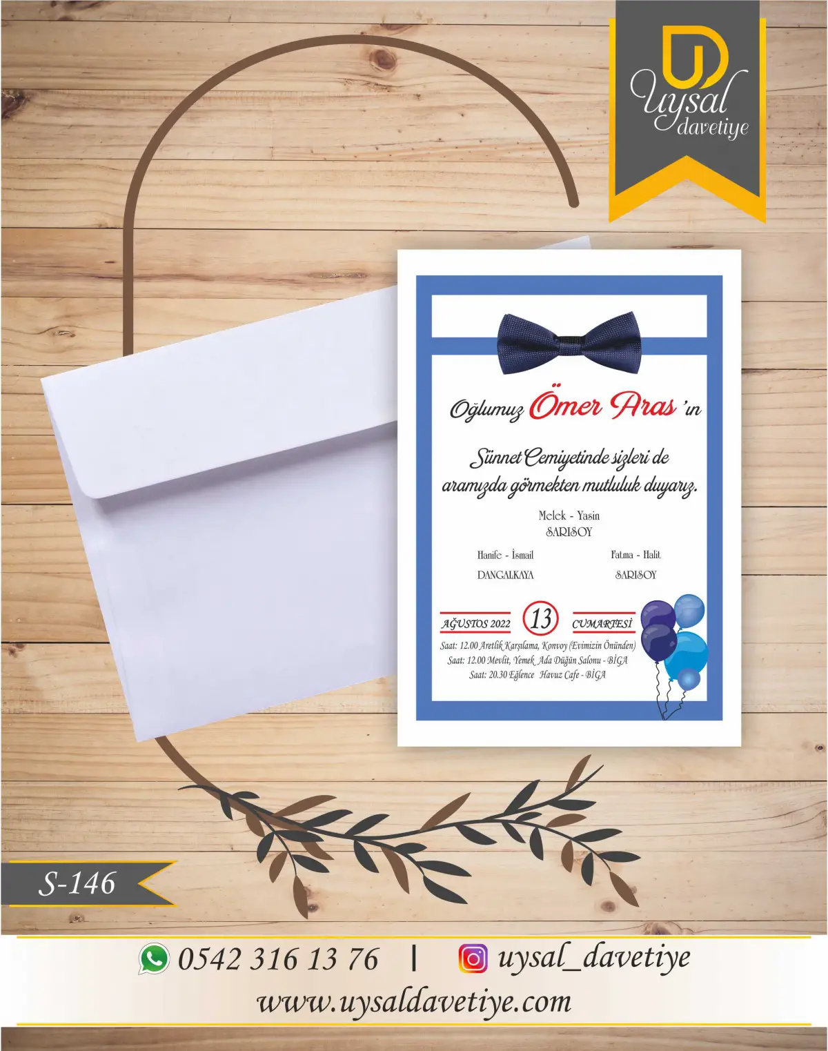 S-146 Papyonlu Mavi Çerçeveli Ekonomik Sünnet Davetiyesi