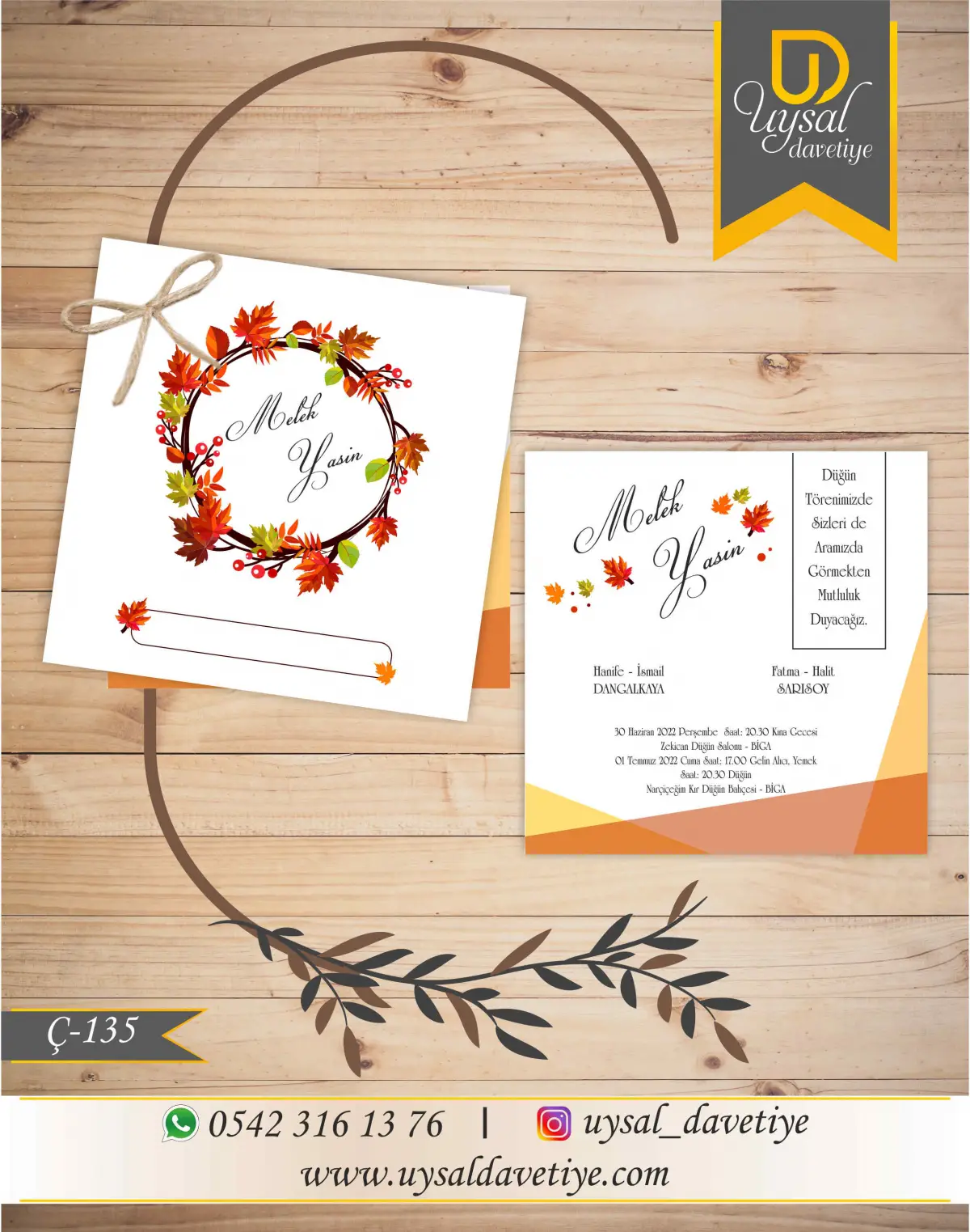 Ç-135 Sonbahar Desenli Kare Çiftli/İpli Ekonomik Düğün Davetiyesi