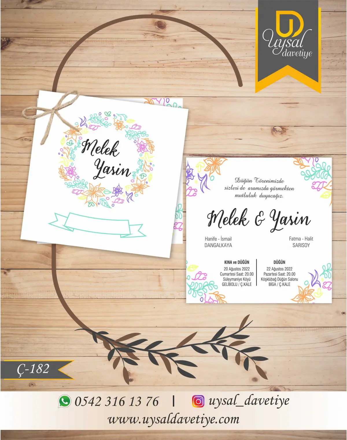 Ç-182 Kare Çiftli/İpli Ekonomik Düğün Davetiyesi