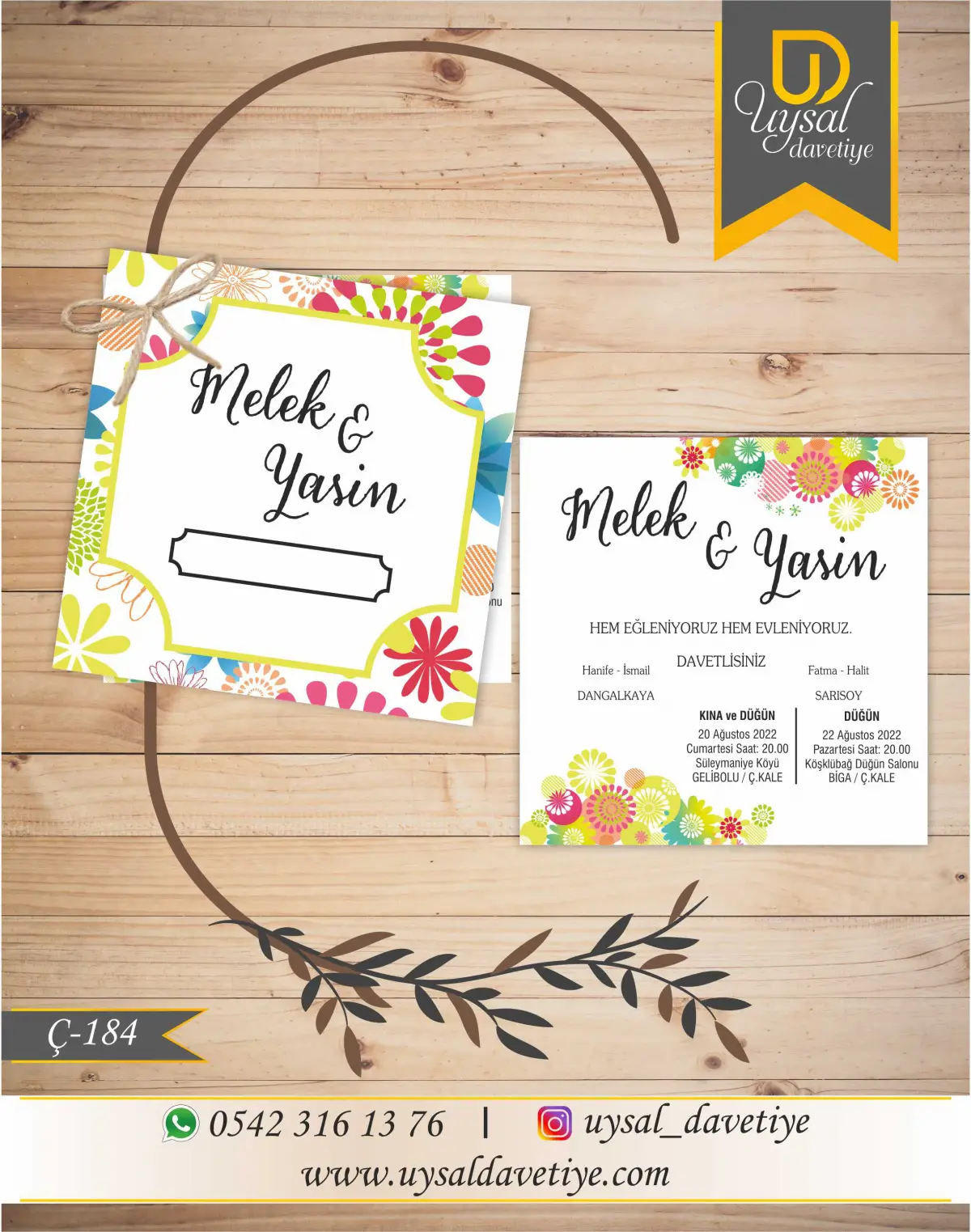 Ç-184 Renkli Desenli Kare Çiftli/İpli Ekonomik Düğün Davetiyesi