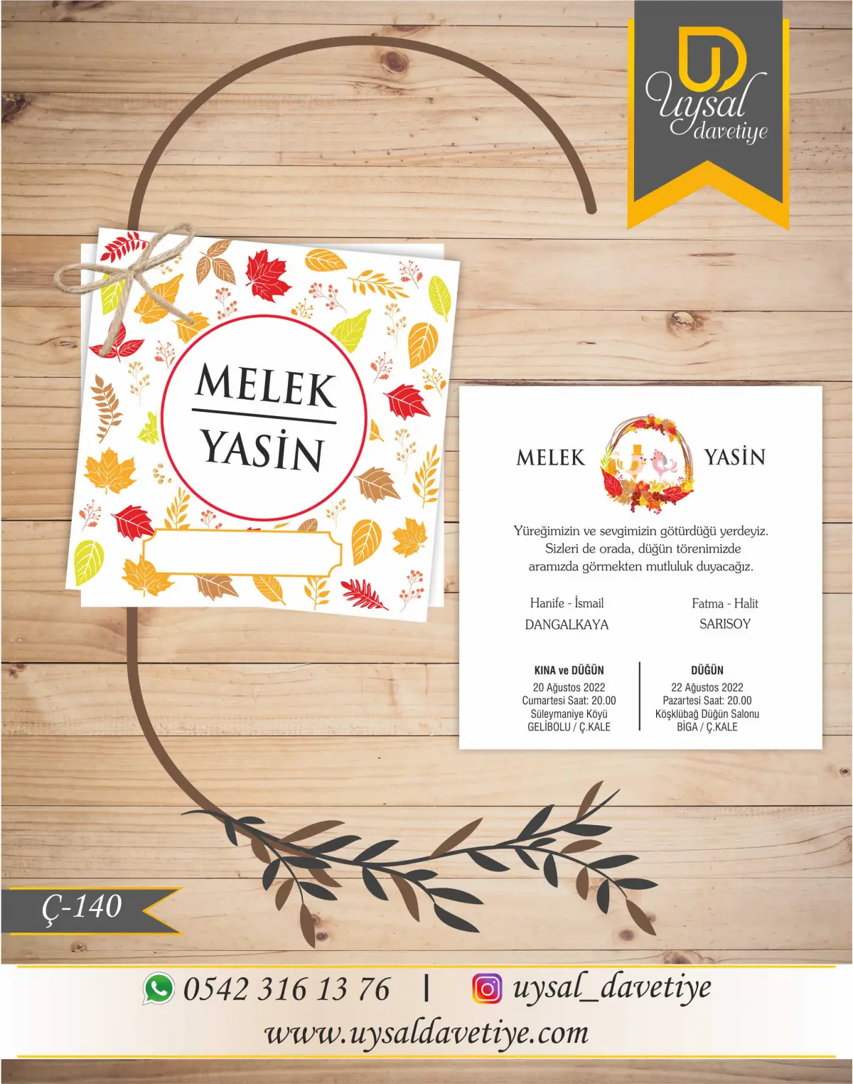 Ç-140 Sonbahar Yapraklı Kare Çiftli/İpli Ekonomik Düğün Davetiyesi