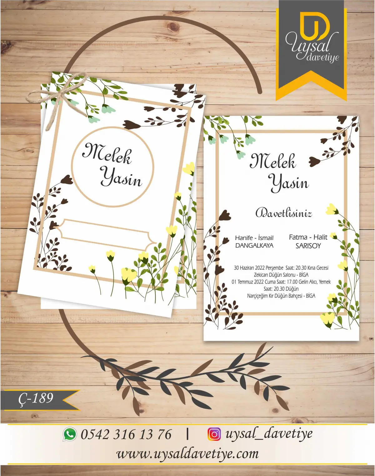 Ç-189 Çiftli/İpli Ekonomik Düğün Davetiyesi