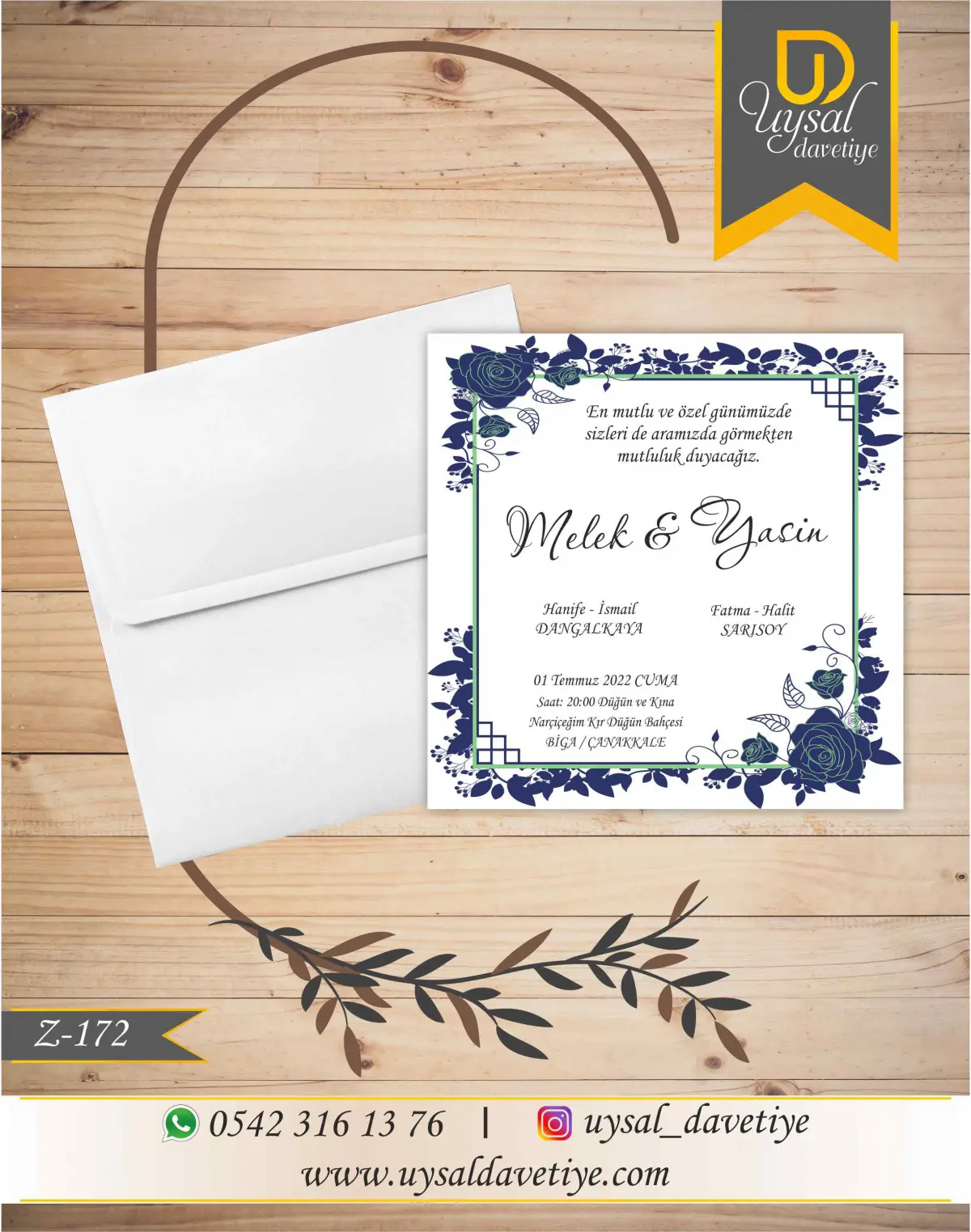 Z-172 Mavi Çiçek Çerçeveli Kare Ekonomik Düğün Davetiyesi