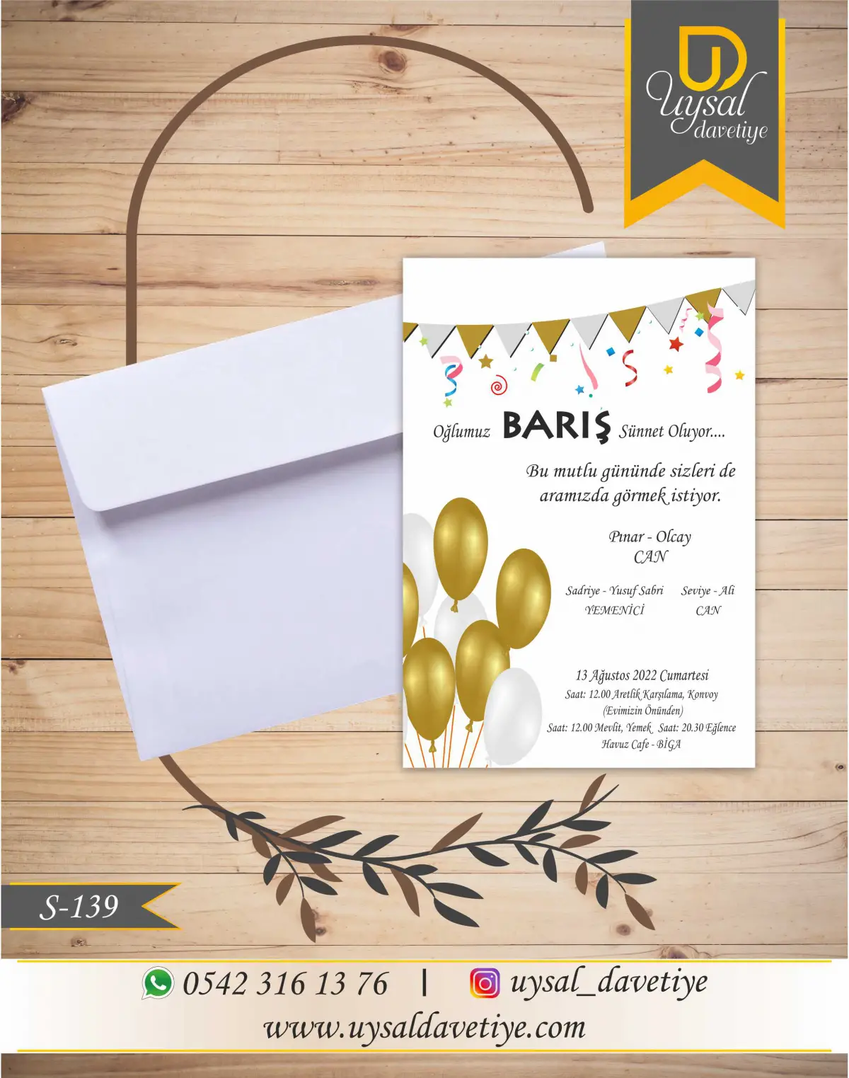 S-139 Sarı Gri Balonlu Ekonomik Sünnet Davetiyesi