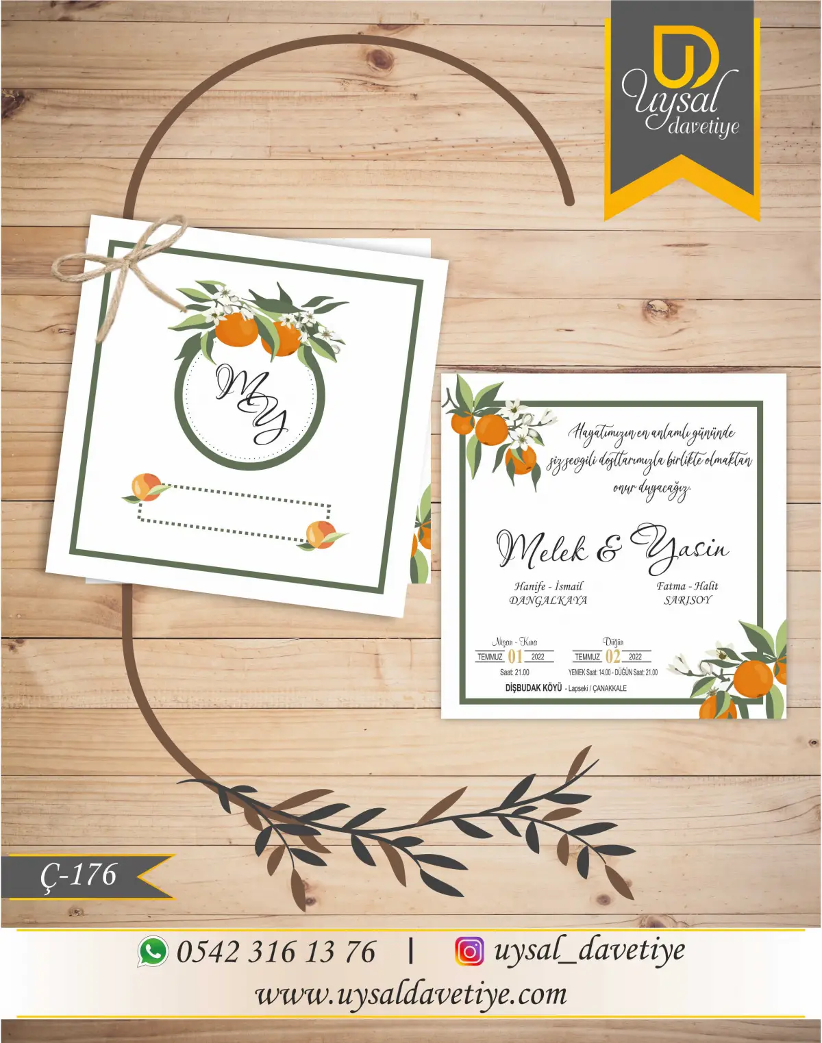 Ç-176 Kare Çiftli/İpli Ekonomik Düğün Davetiyesi