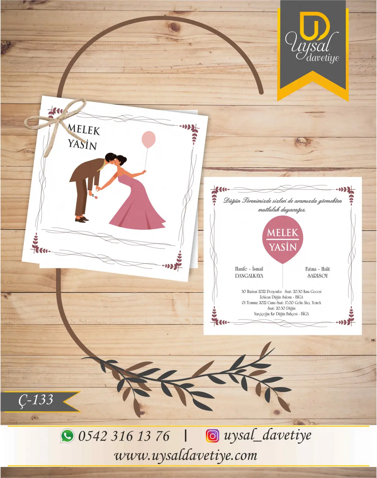 Ç-133 Gelin&Damatlı Kare Çiftli/İpli Ekonomik Düğün Davetiyesi