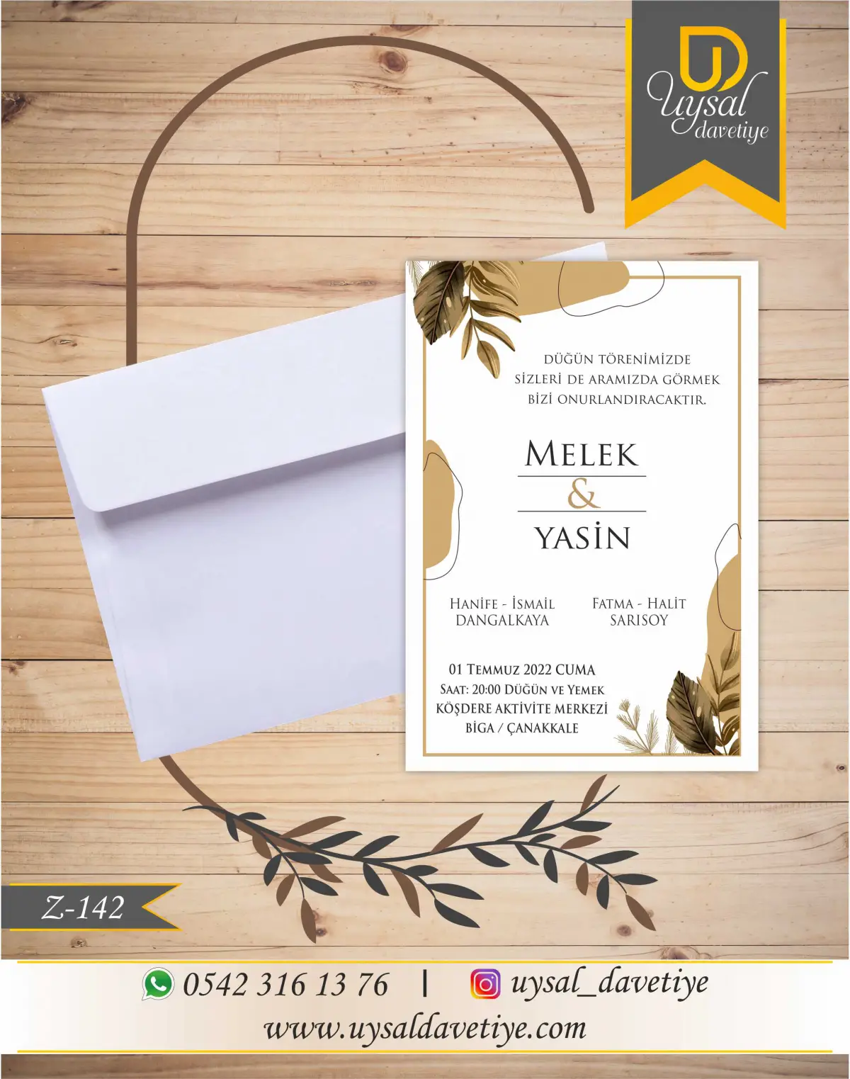 Z-142 Kahverengi Yapraklı Ekonomik Düğün Davetiyesi