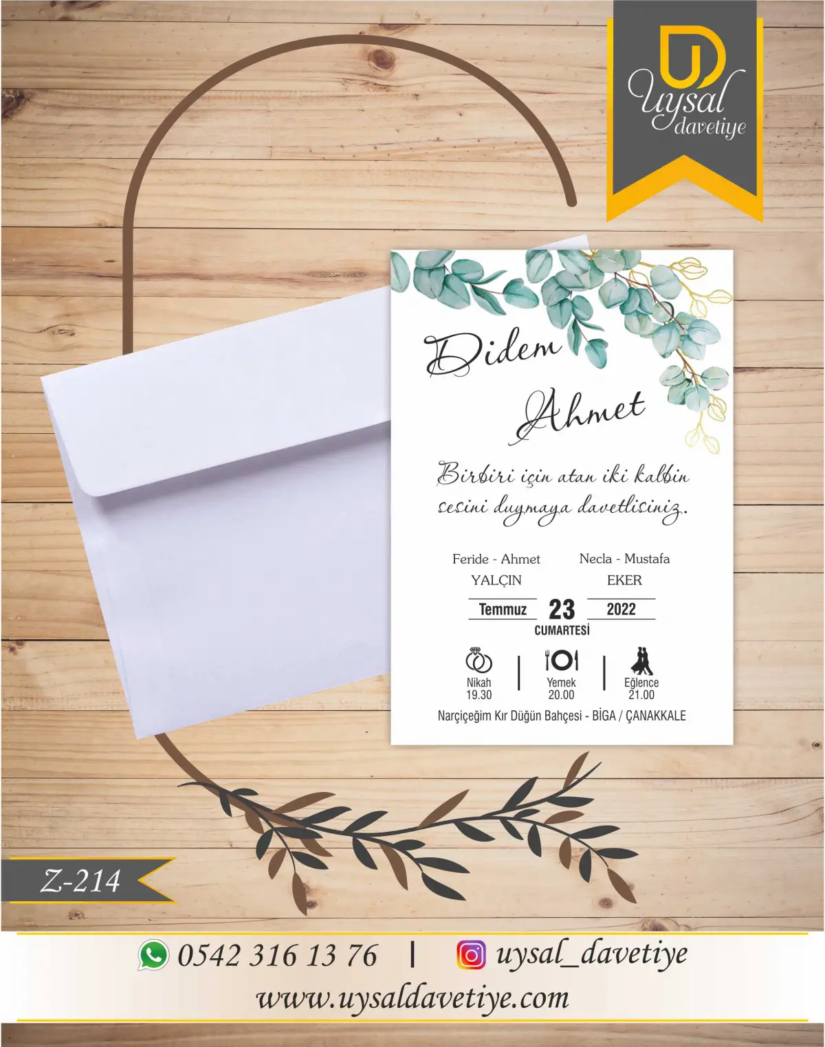 Z-214 Sulu Boya Yapraklı Ekonomik Düğün Davetiyesi
