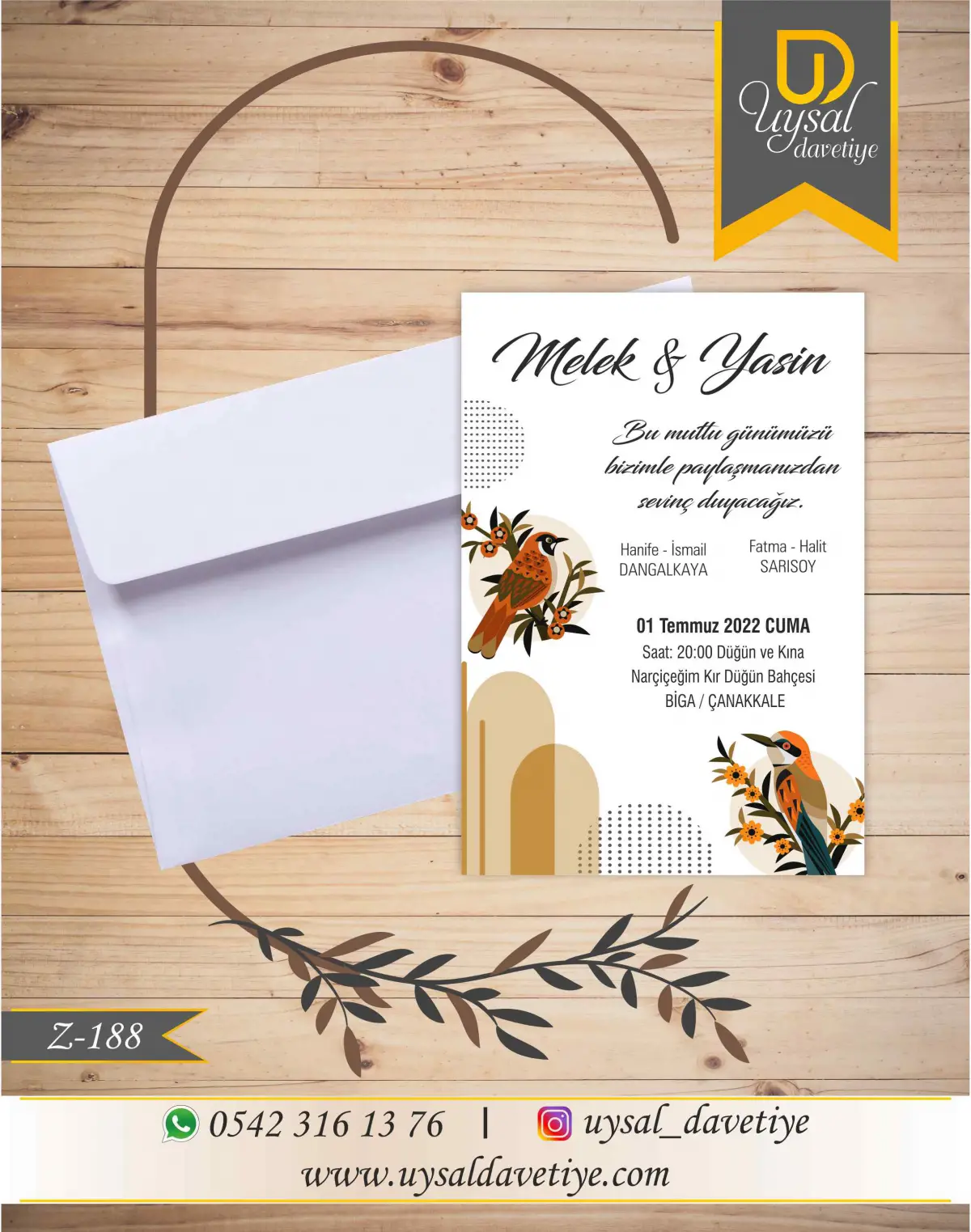 Z-188 Kuşlu Ekonomik Düğün Davetiyesi