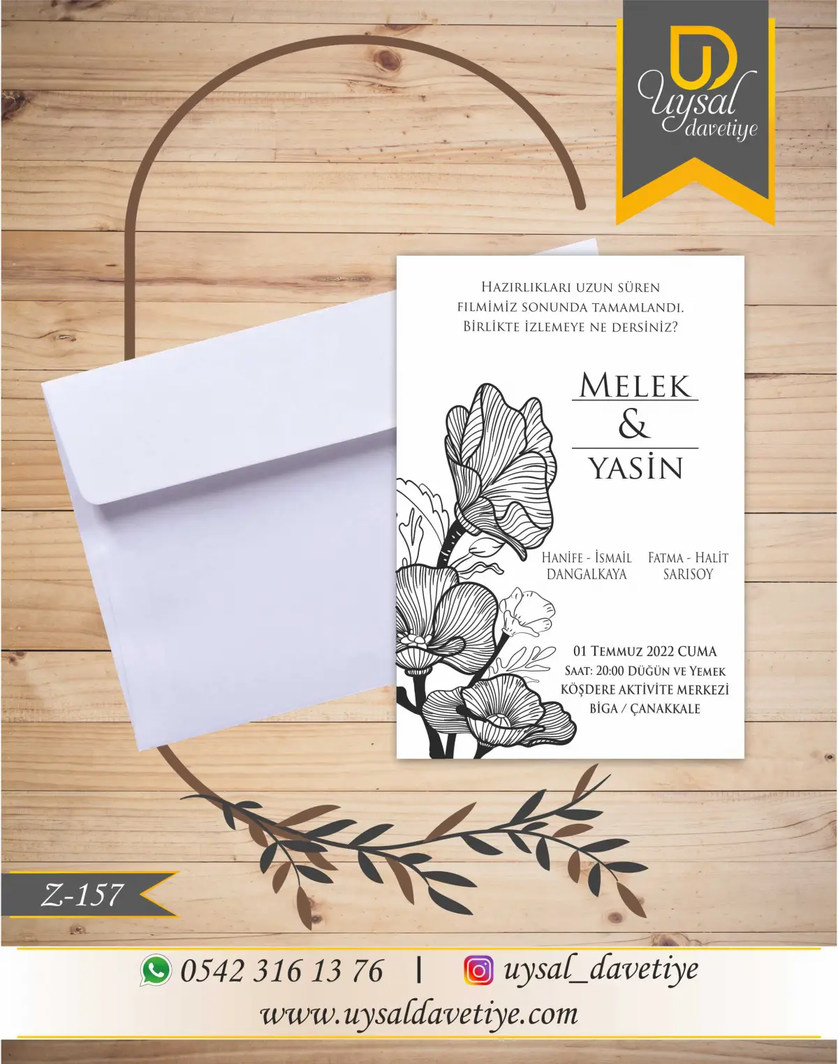Z-157 Çiçekli Ekonomik Düğün Davetiyesi