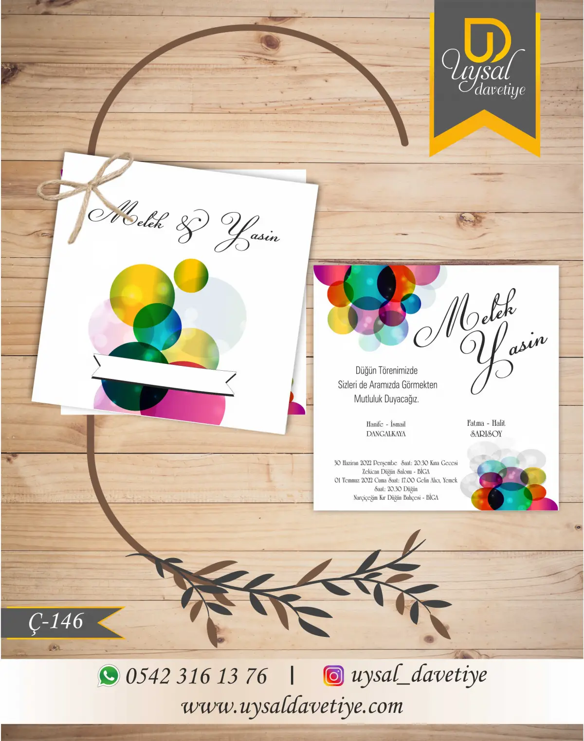 Ç-146 Renkli Kare Çiftli/İpli Ekonomik Düğün Davetiyesi