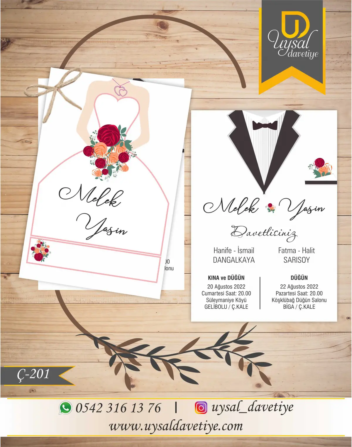 Ç-201 Gelin&Damat Desenli Çiftli/İpli Ekonomik Düğün Davetiyesi