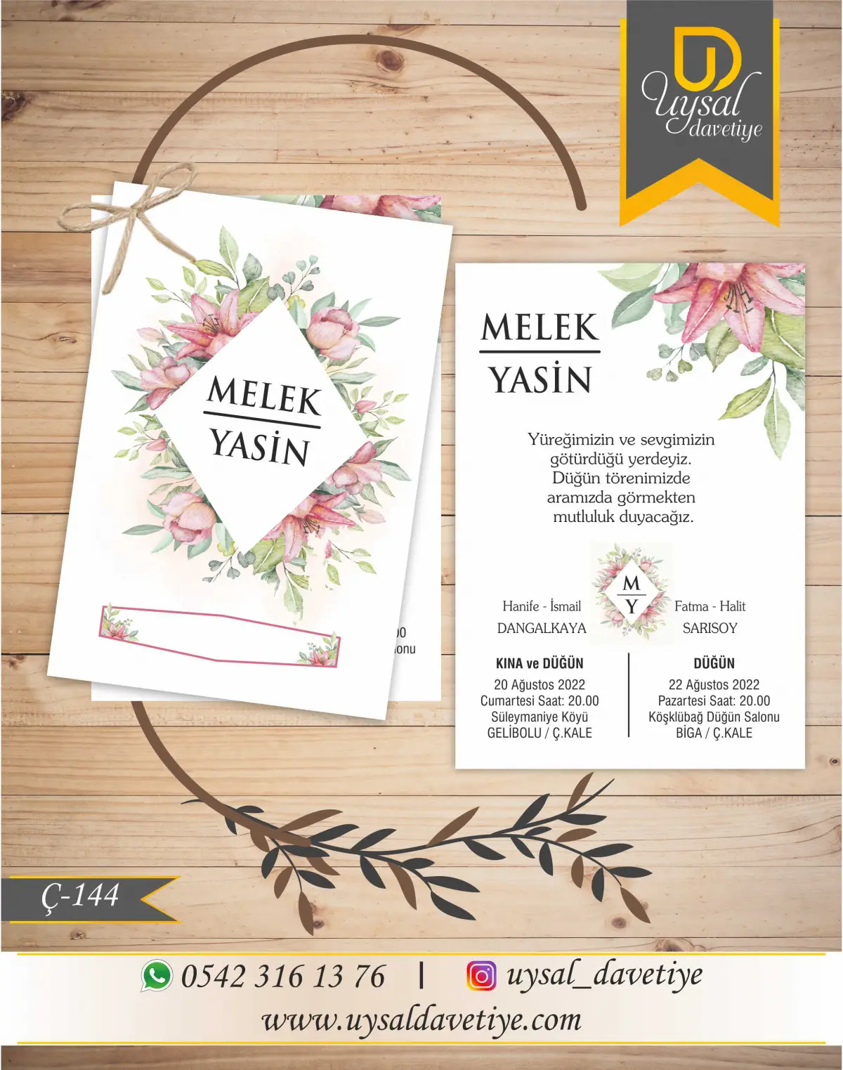 Ç-144 Çiçekli Çiftli/İpli Ekonomik Düğün Davetiyesi