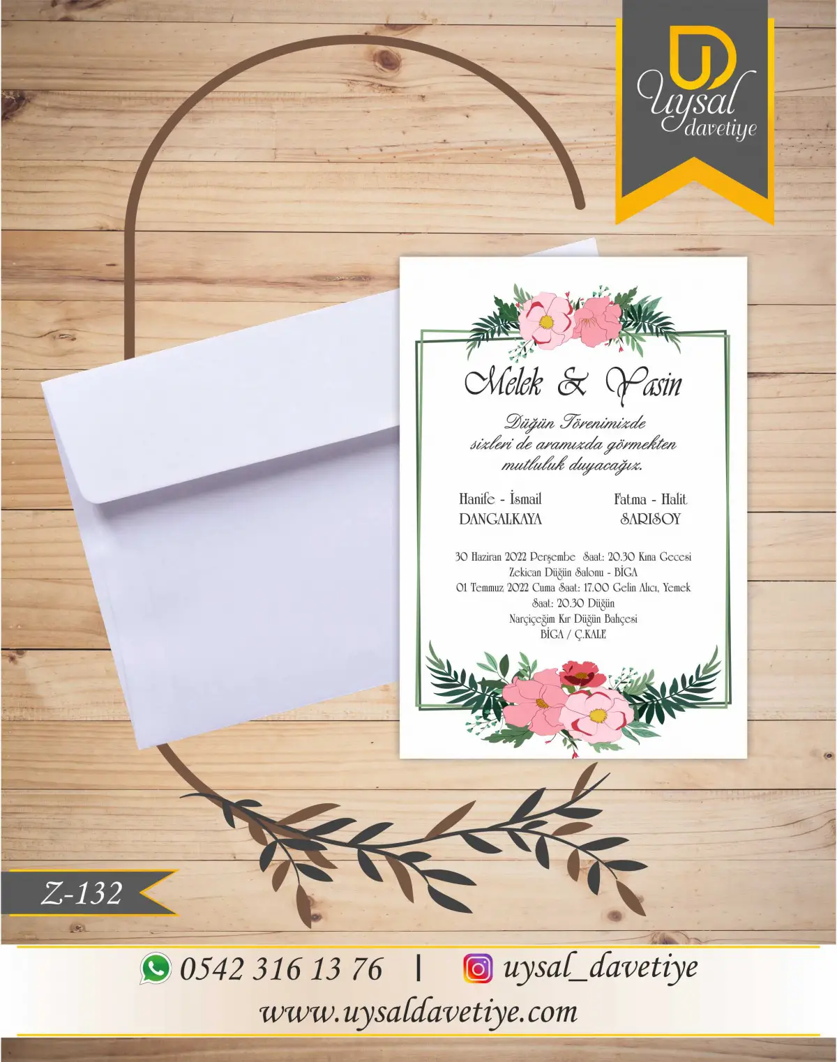 Z-132 Çiçek Çerçeveli Ekonomik Düğün Davetiyesi