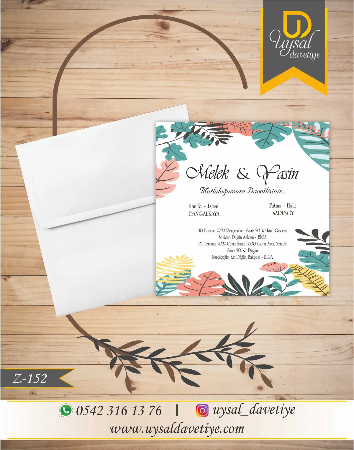 Z-152 Yaprak Çerçeveli Kare Ekonomik Düğün Davetiyesi