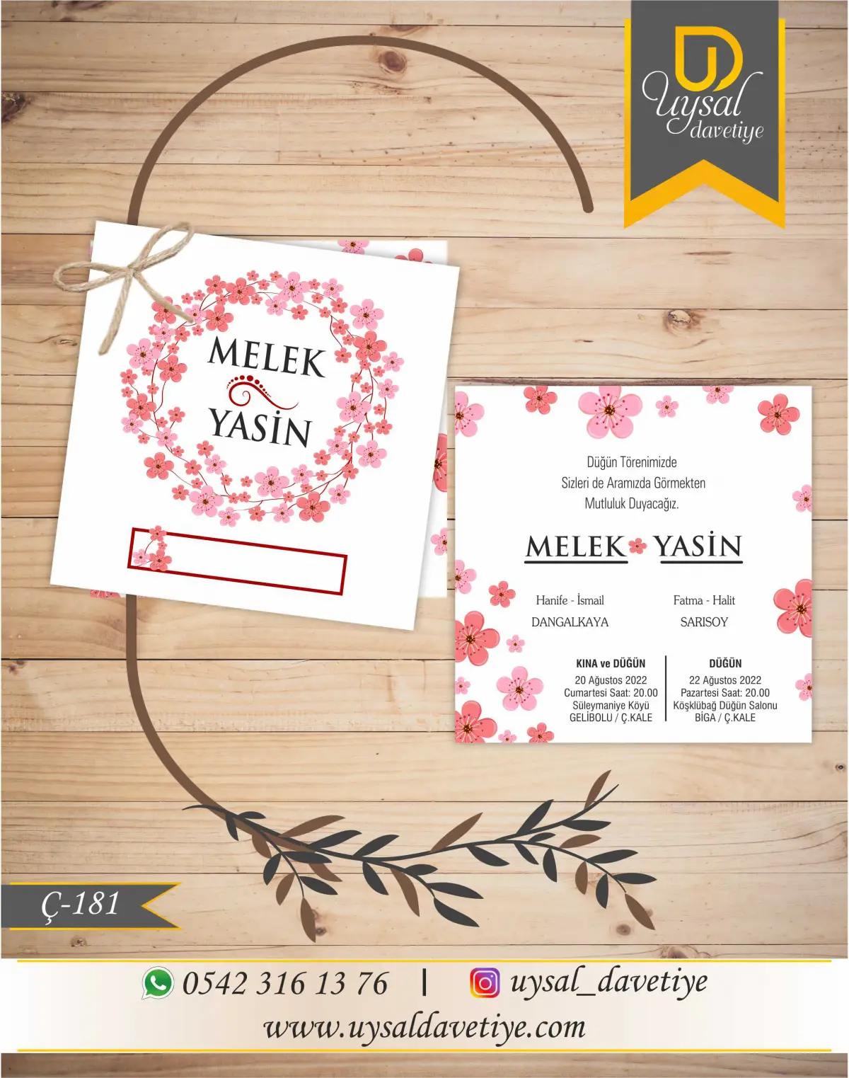 Ç-181 Pembe Çiçekli Kare Çiftli/İpli Ekonomik Düğün Davetiyesi