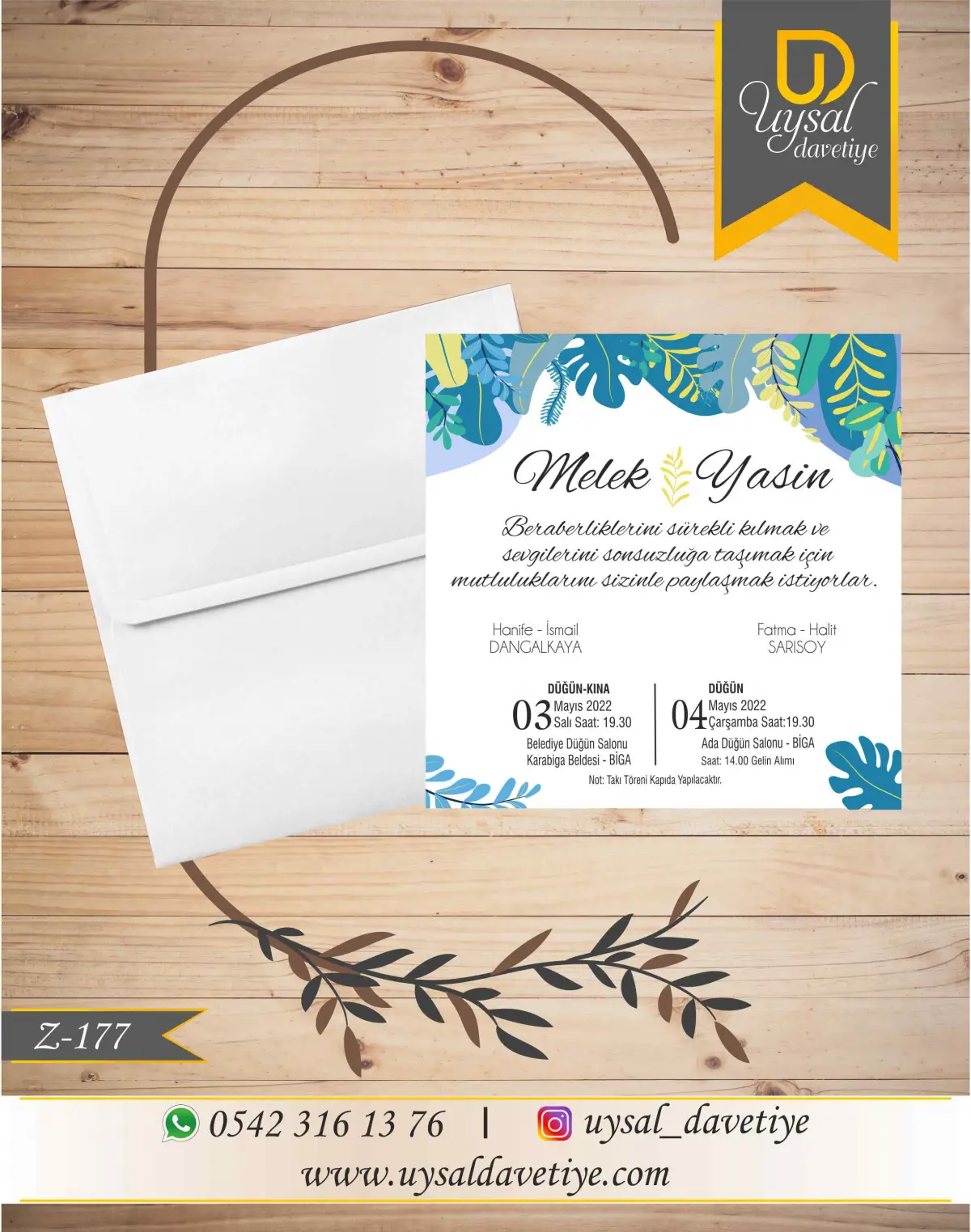 Z-177 Mavi Çiçek Çerçeveli Kare Ekonomik Düğün Davetiyesi